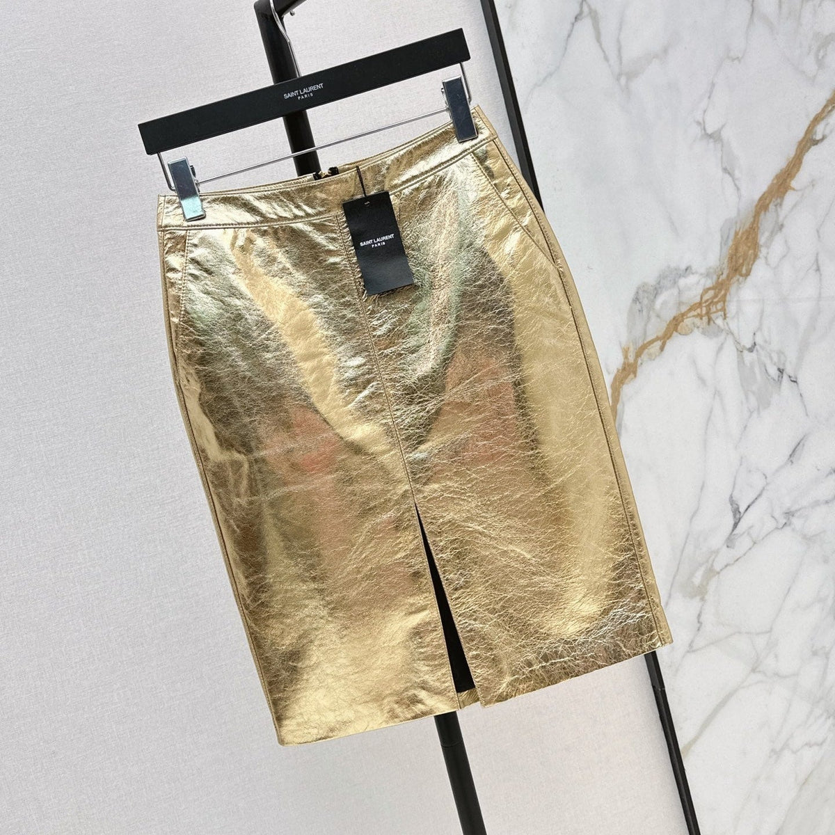 YSL Crinkled Midi Skirt Metallic Gold Leather