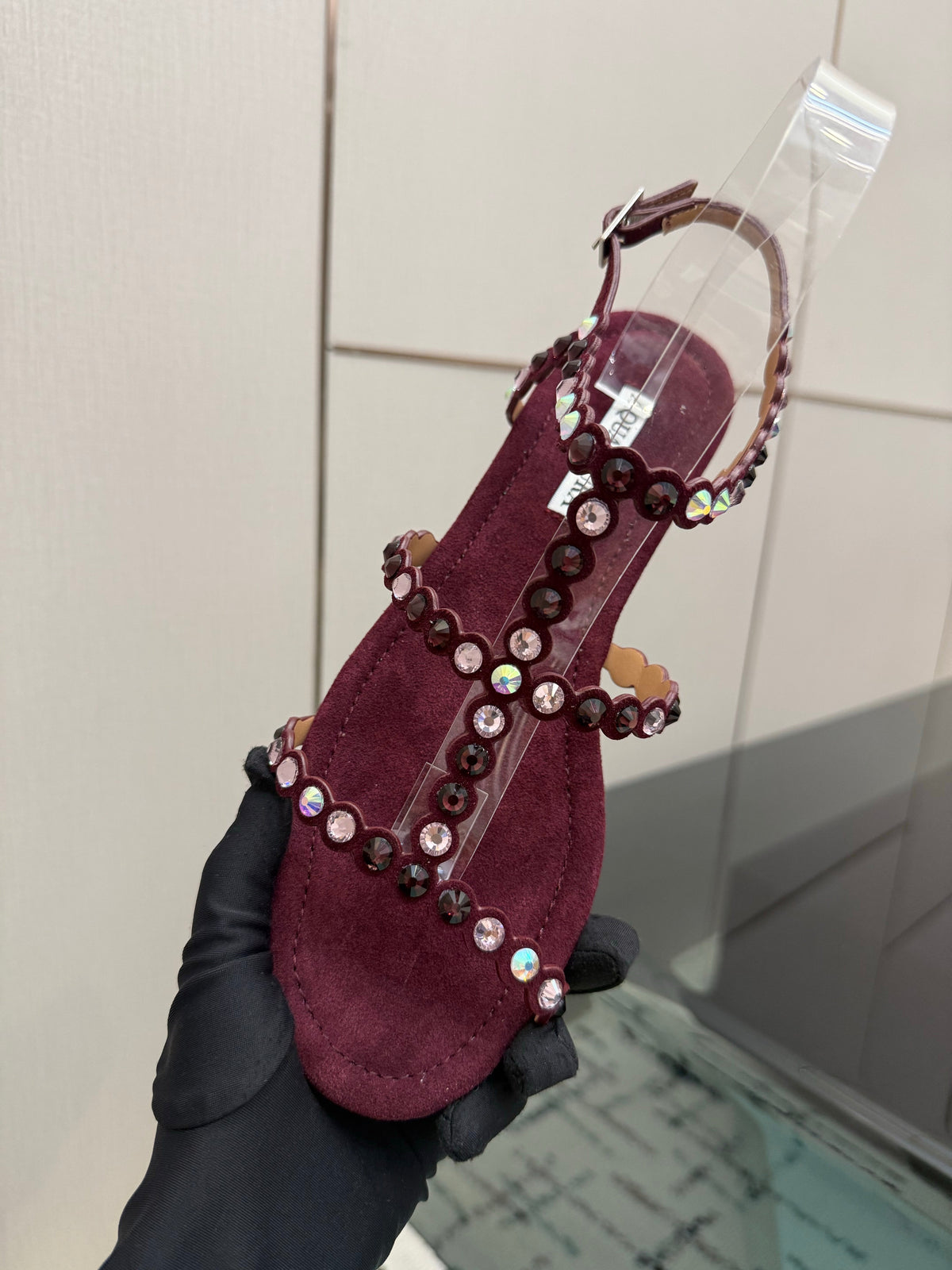 Aquazzura 26s Flat Sandals Dark Red Suede Crystal-Embellished 824195