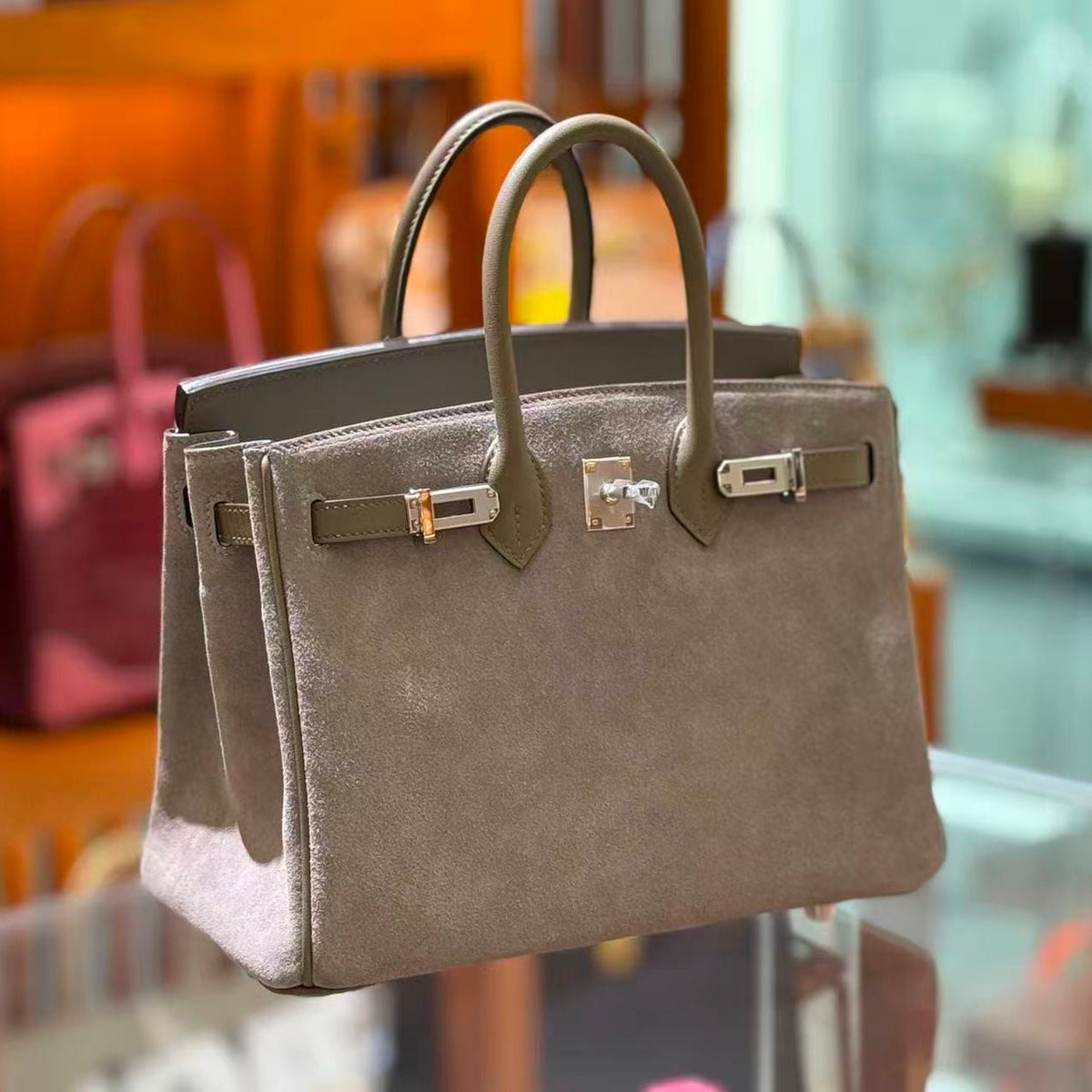 HM Grizzly Birkin 25cm Handbag Étoupe Suede Leather