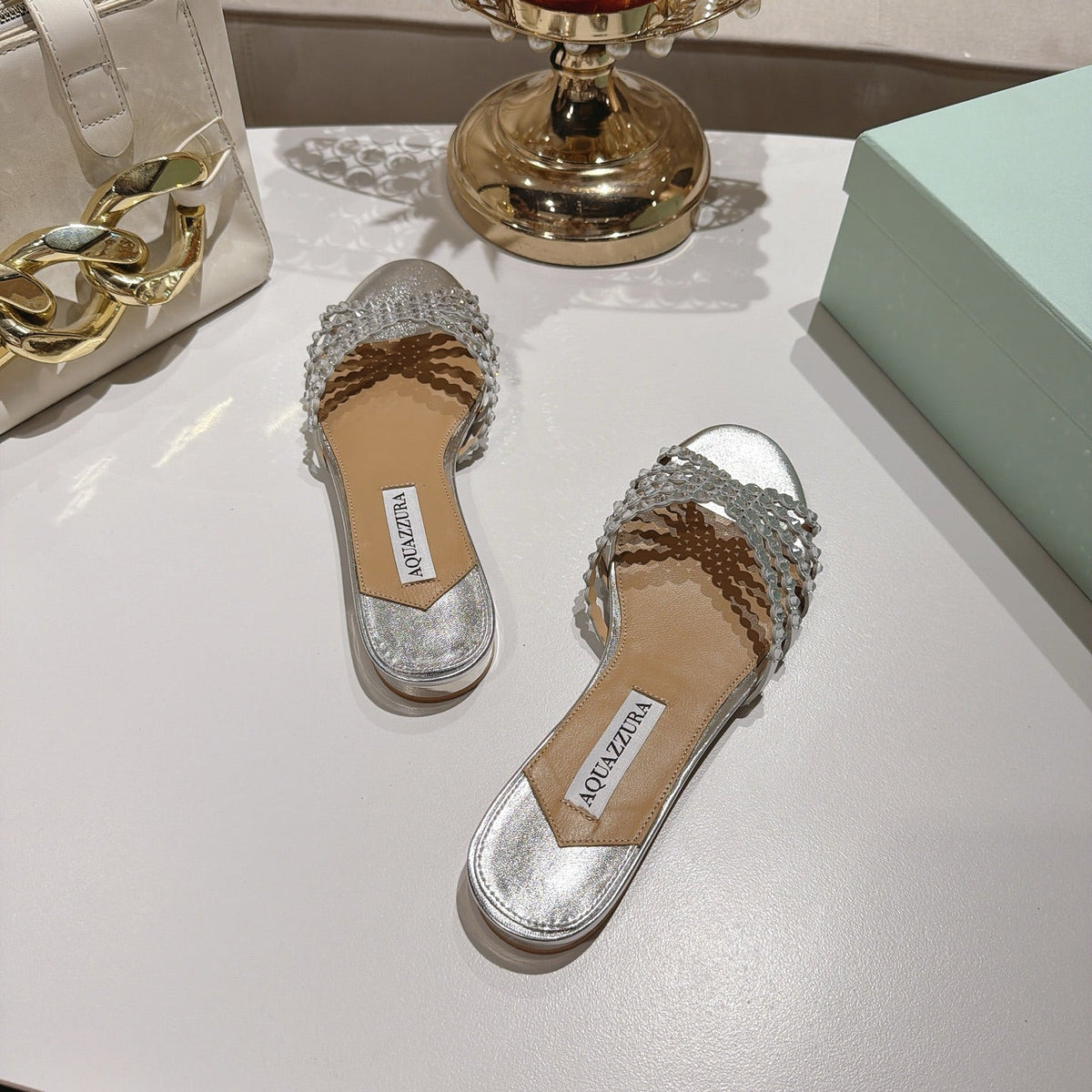 Aquazzura 26s Slides Silver Lambskin Crystal Embellished 820493