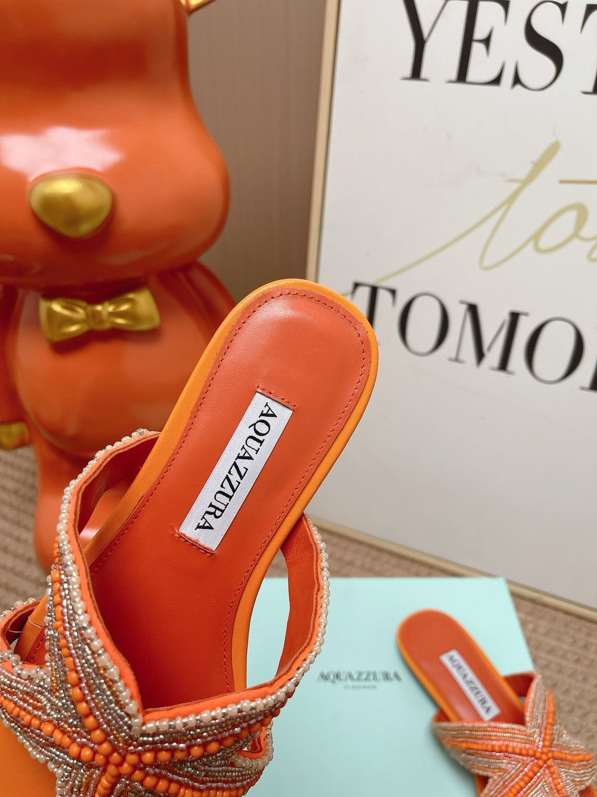Aquazzura 26s Starfish Beaded Thong Sandals Orange Lambskin 502934