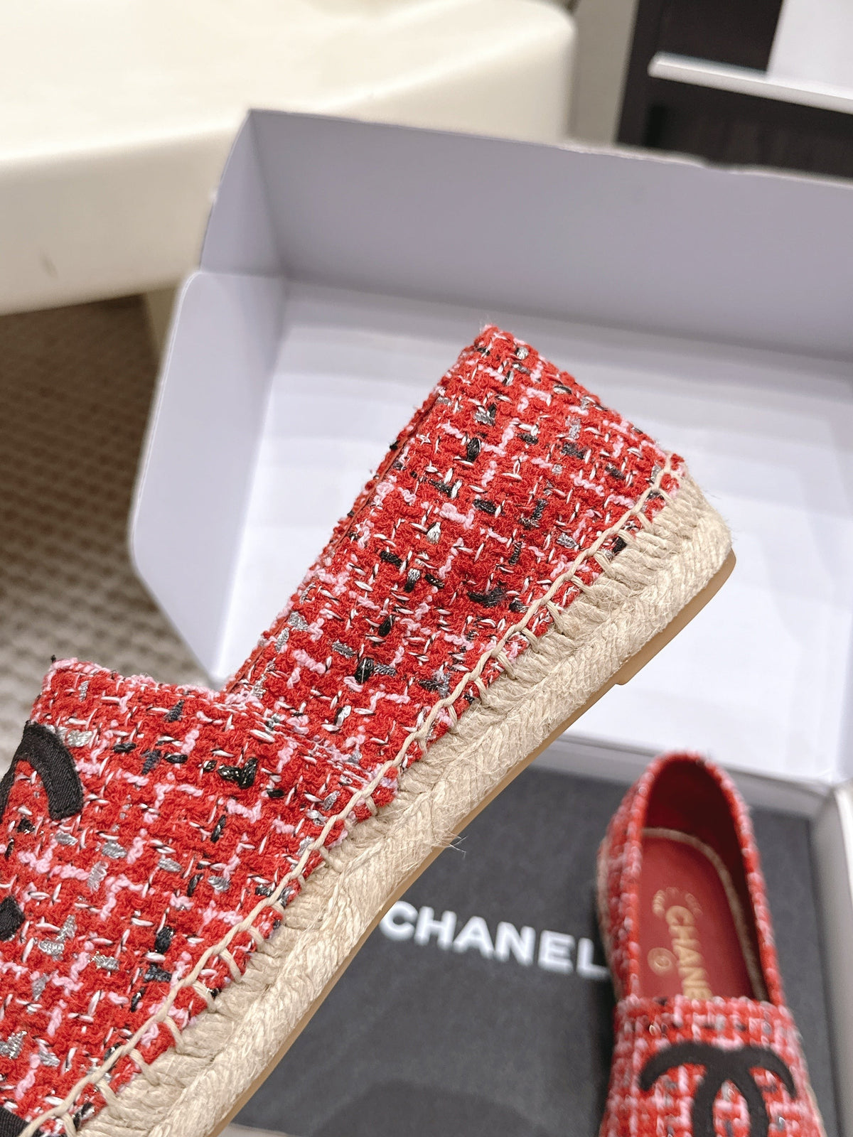 CC 26S Slip-Ons in Red Mix Black Tweed and Patent Calfskin