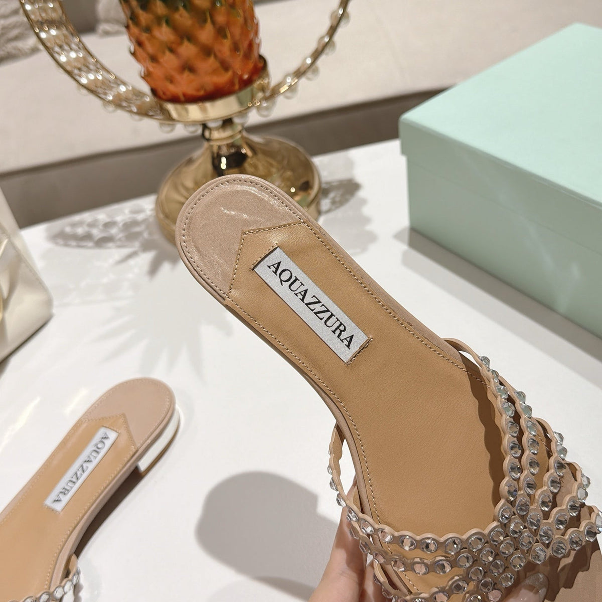 Aquazzura 26s Slides Beige Lambskin Crystal Embellished 619582