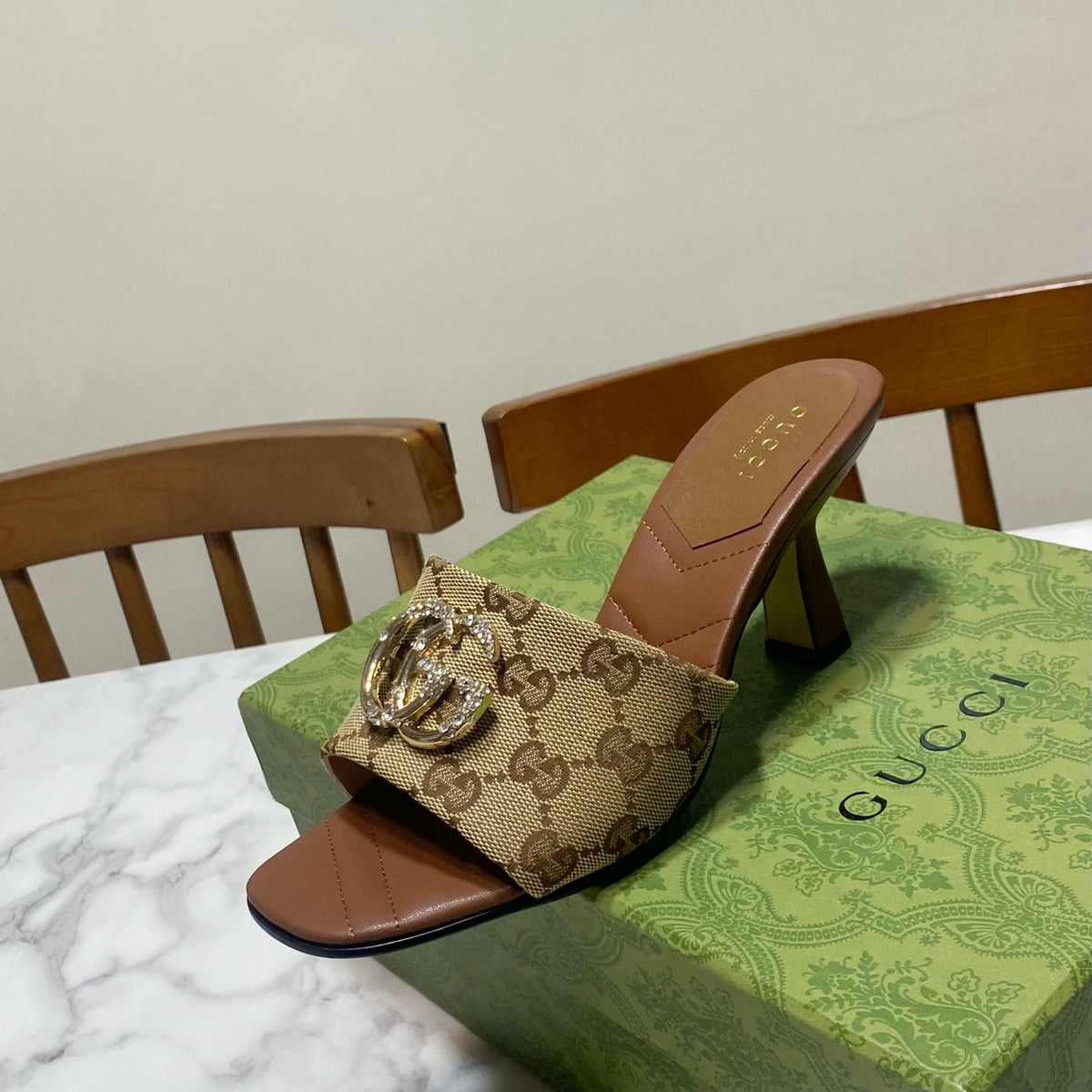 Gucci 26s Heeled Slides 7.5cm Sand Brown Canvas And Lambskin