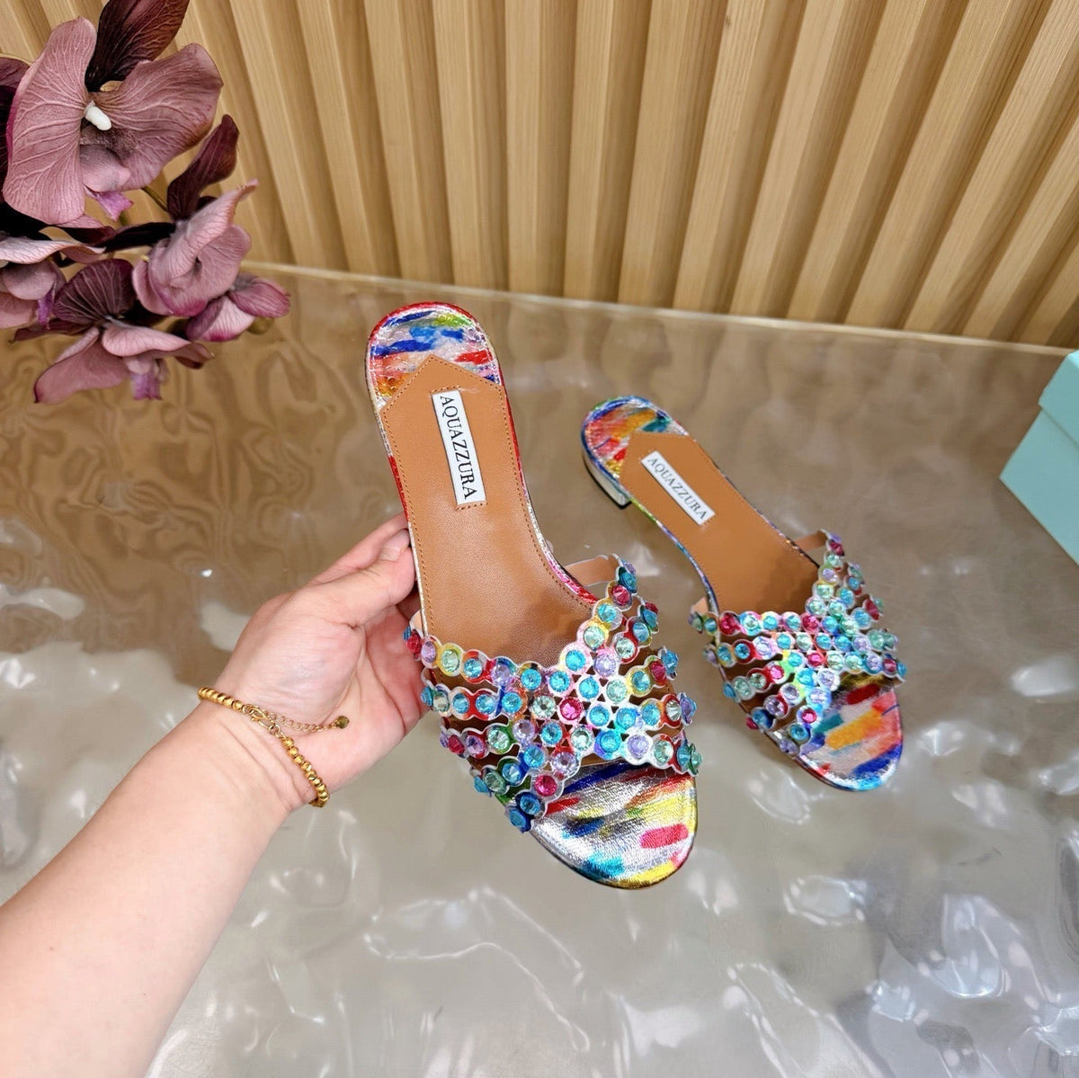 Aquazzura 26s Slides Multicolor Snakeskin Embossed Leather 924158