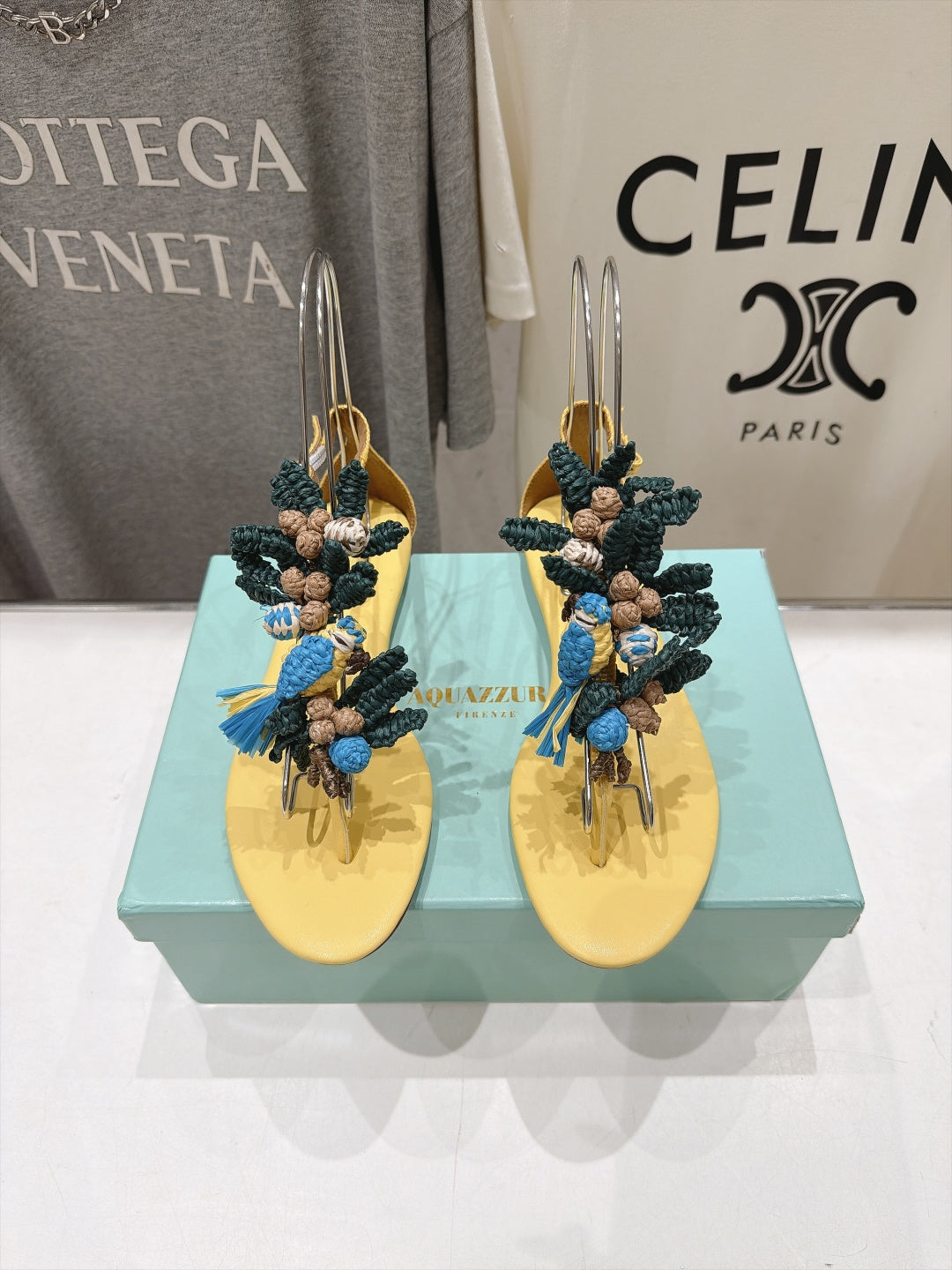 Aquazzura 26s Floral Applique Thong Sandals Yellow Calfskin 394821