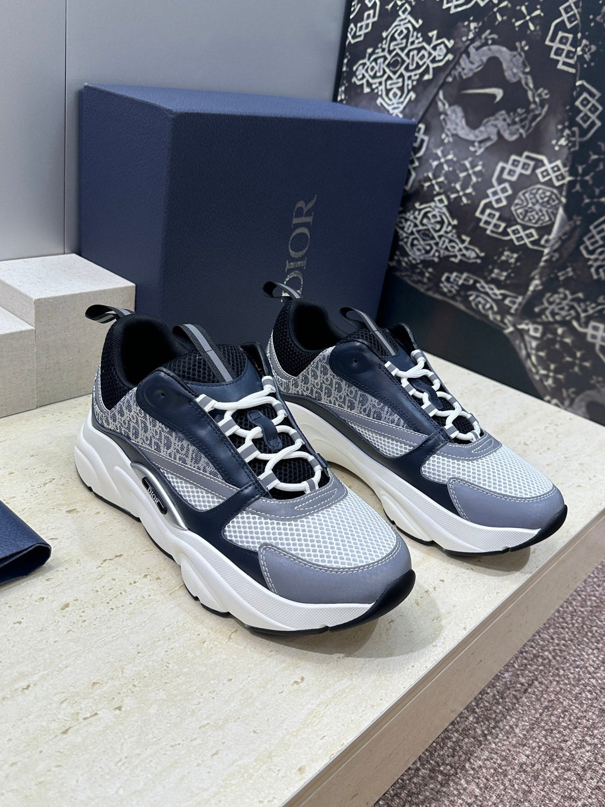 CD 26s Men B22 Sneakers Grey Blue Oblique Jacquard Canvas 835214