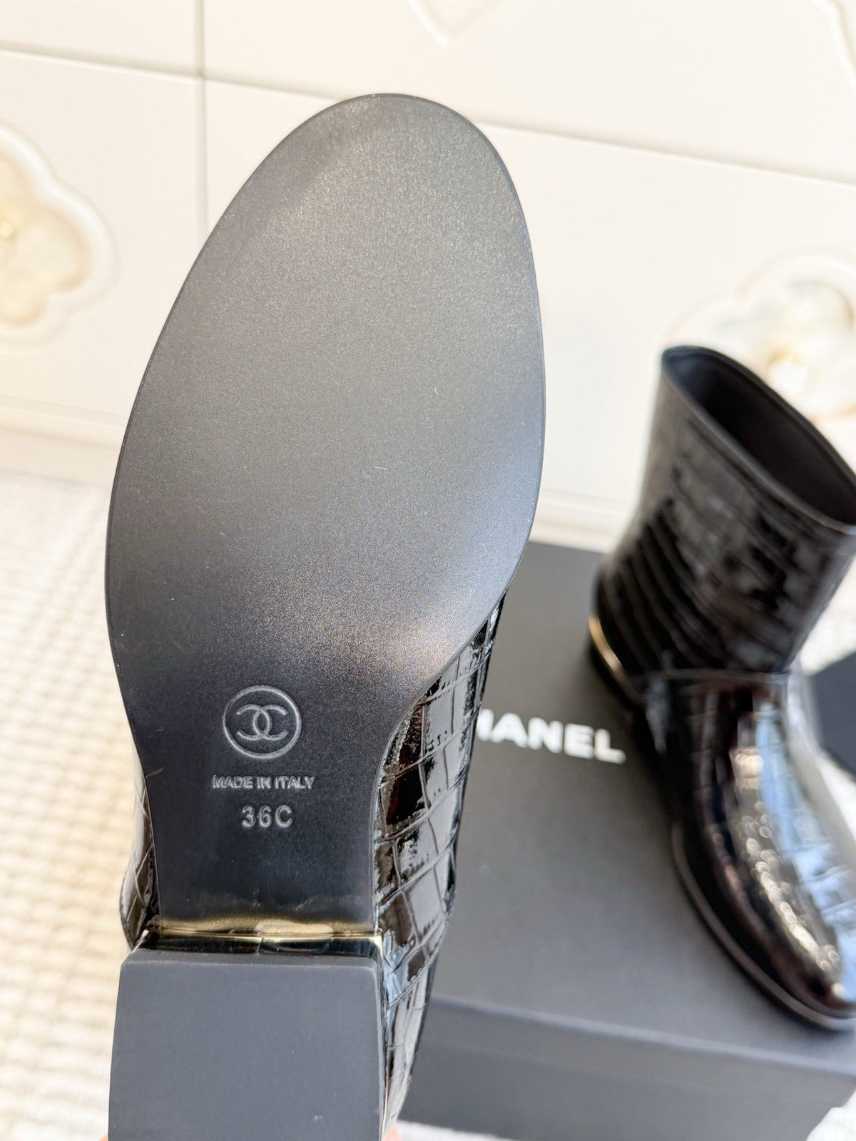 Chanel 26s Short Boots Black Patent Crocodile Embossed