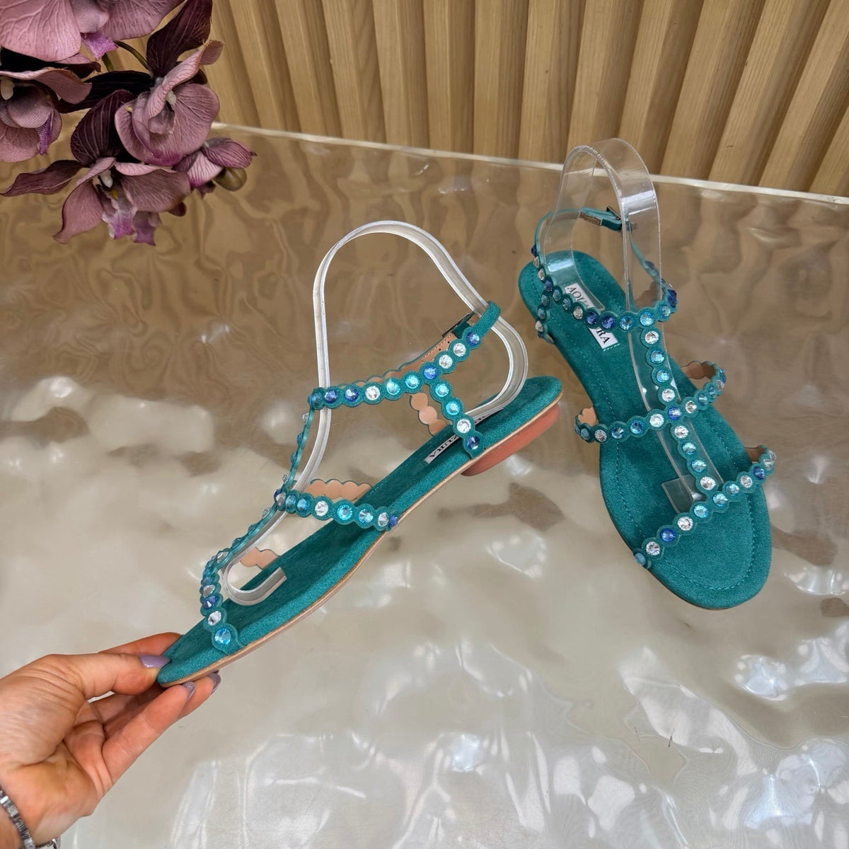 Aquazzura 26s Flat Sandals Teal Green Suede Crystal Embellished 615934