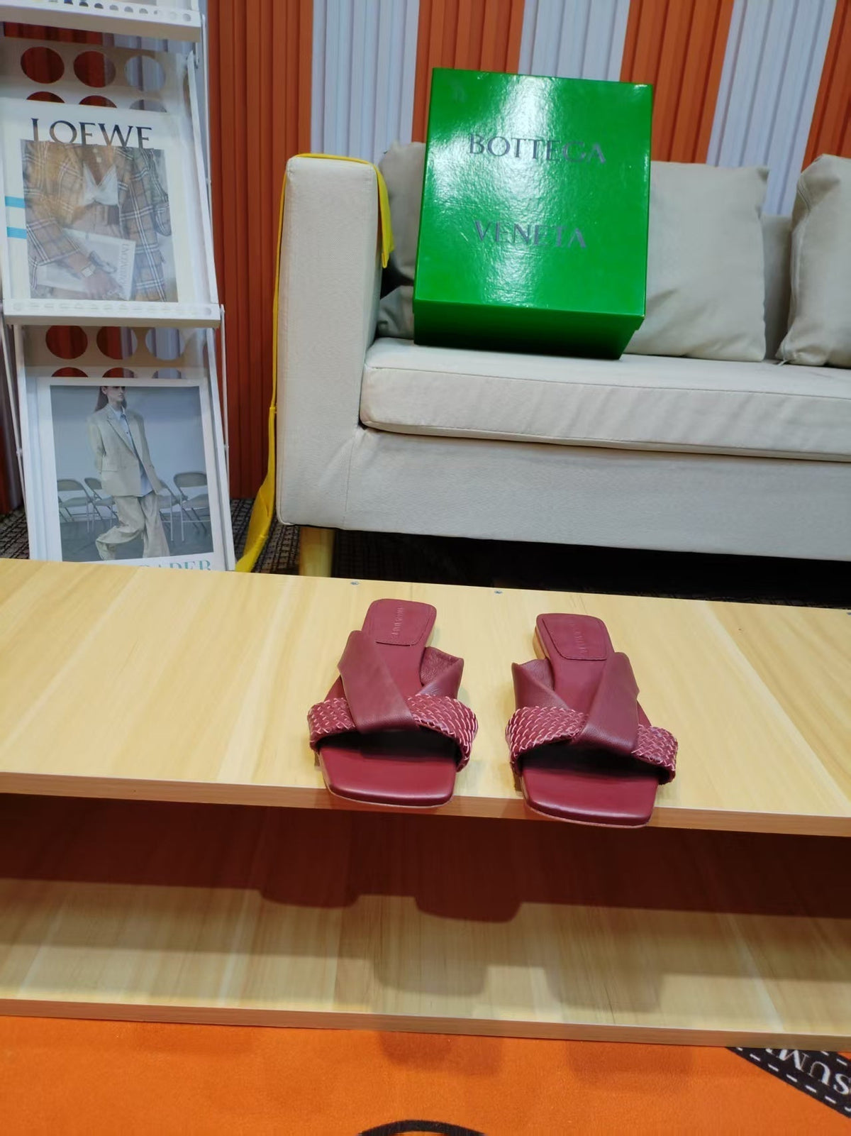 BV Riva Sandals Flat Woven Burgundy Leather 139884