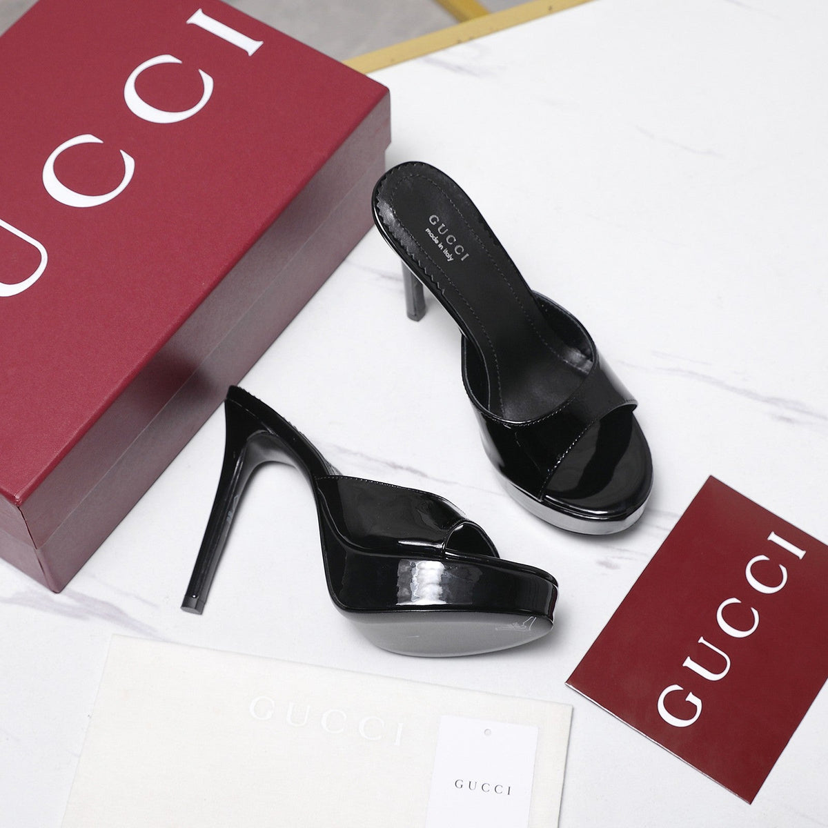 Gucci 26s Heeled Slide Sandals 12cm Black Patent Calfskin