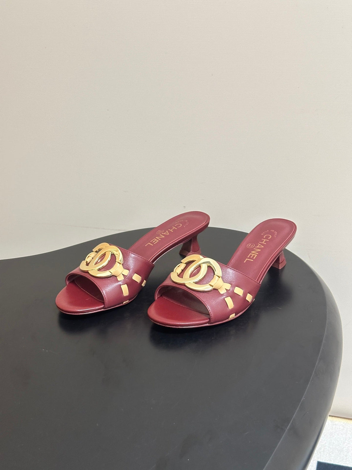 CC 26S High Heel Mule in Red Lambskin with Gold-Tone CC Logo