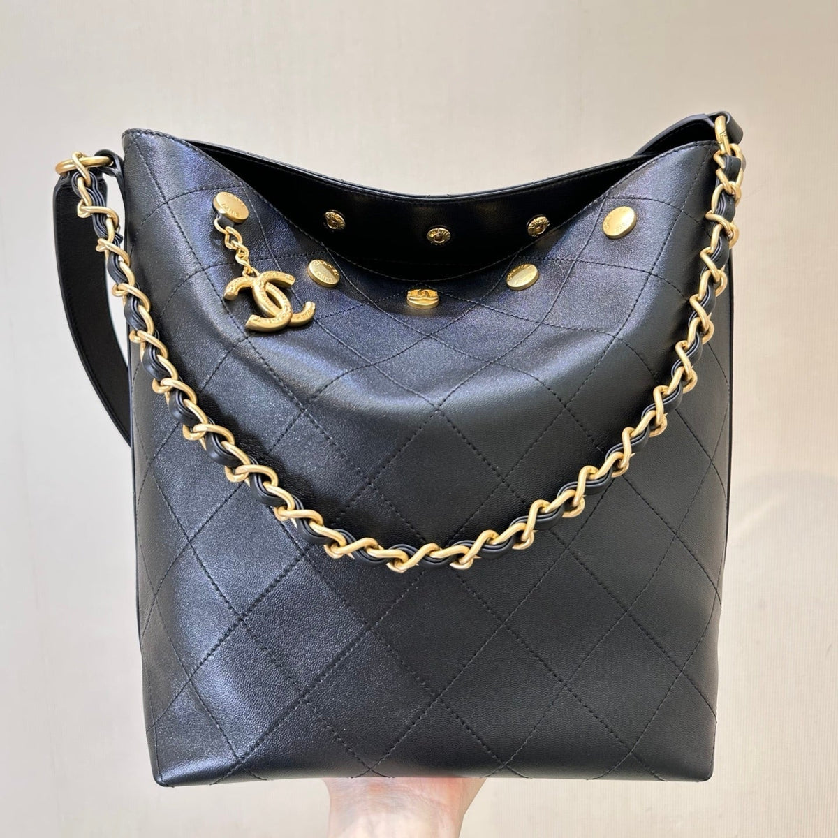 Chanel 2026 Quilted Bucket Bag 31cm Black Gold-Hardware Lambskin
