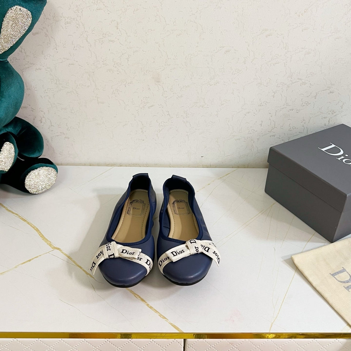 Dior 26s Bow Ballet Flats Navy Blue Calfskin