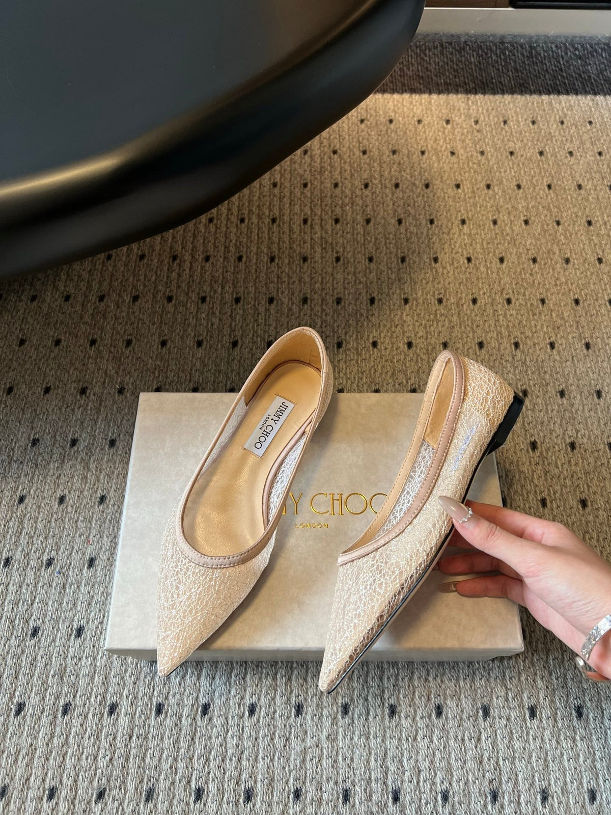 Jimmy Choo 26S Pointed-Toe Flats Nude Mesh 683419