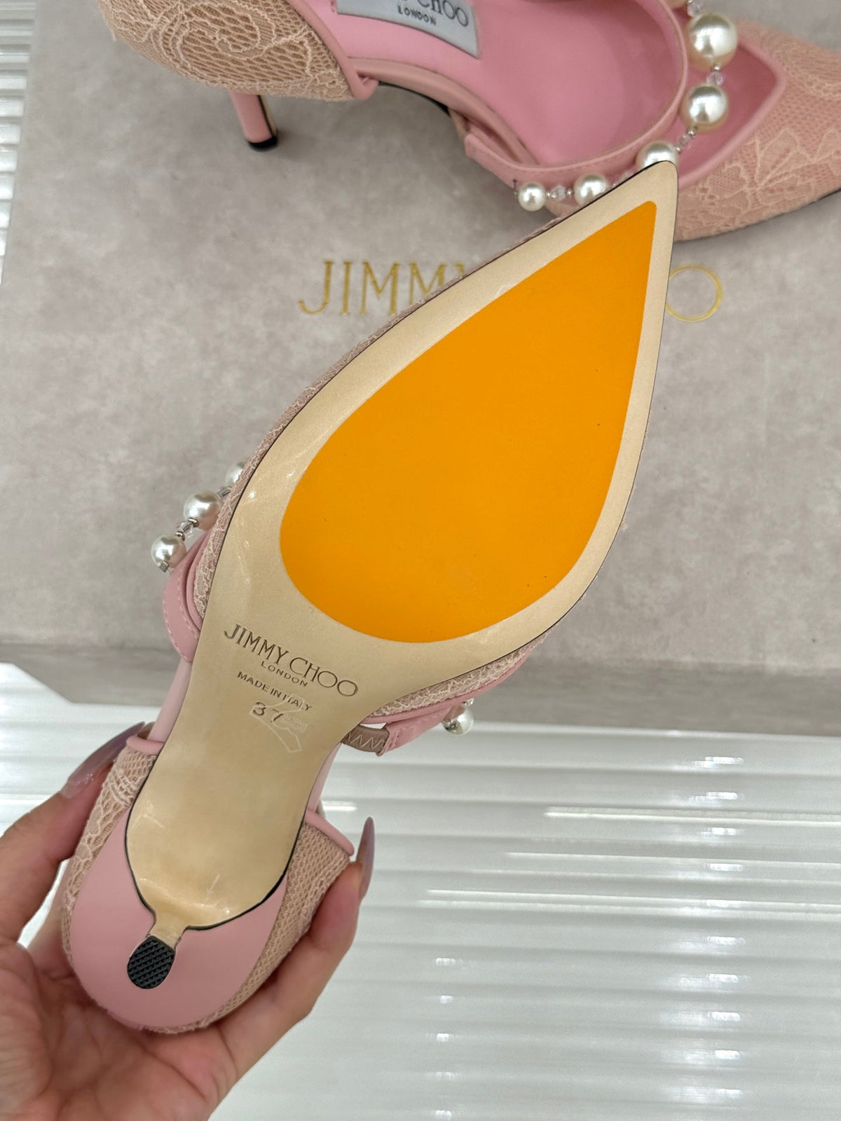Jimmy Choo 26S High Heels 6.5cm Light Pink Lace Pearl-Embellished 931846
