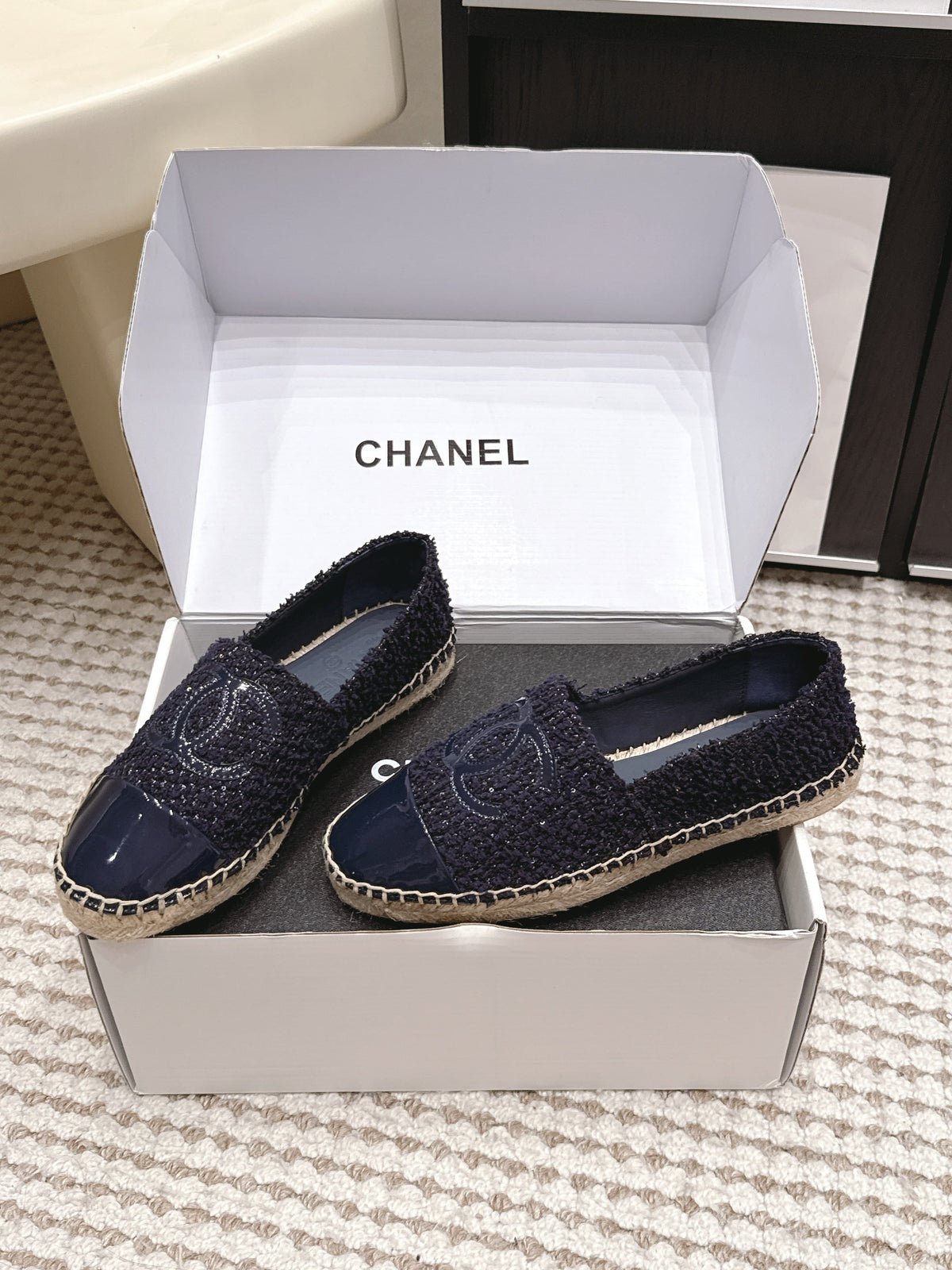 CC 26S Slip-Ons in Navy Blue Tweed and Patent Calfskin