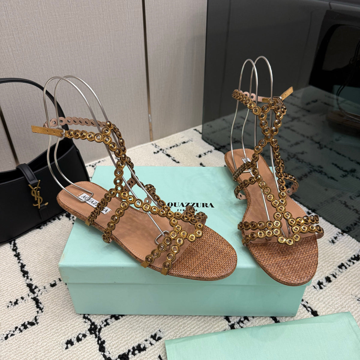 Aquazzura 26s Ankle-Strap Sandals Brown Woven Fabric 502814