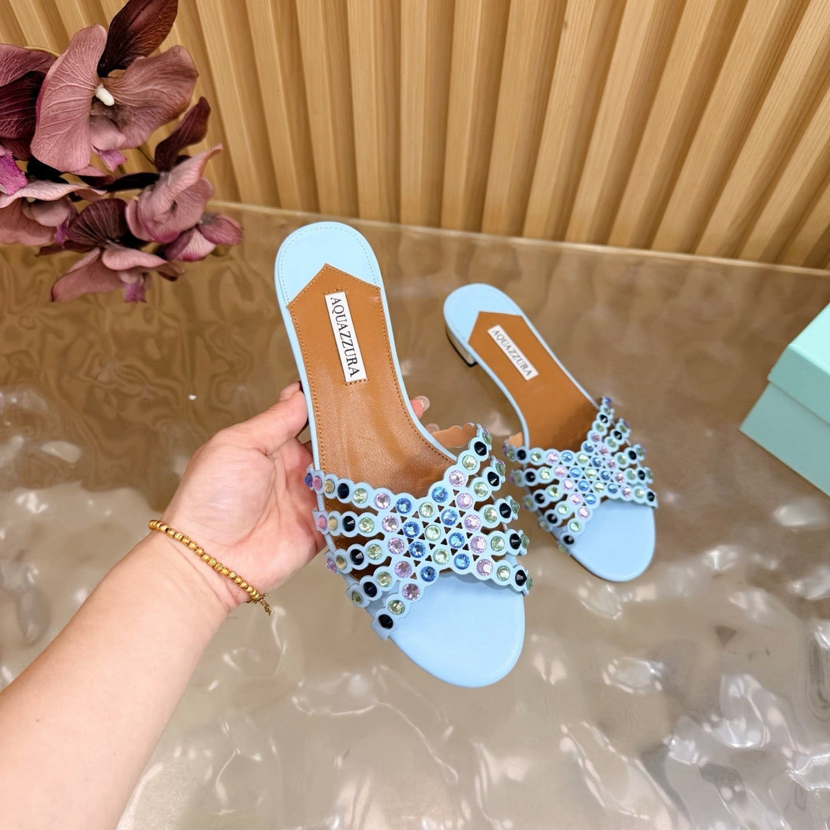 Aquazzura 26s Slides Sky Blue Calfskin Crystal-Embellished Straps 714953