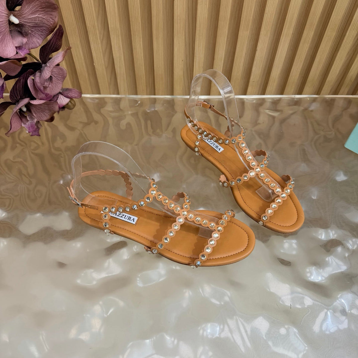 Aquazzura 26s Flat Sandals Light Brown Calfskin Crystal Embellished 481057