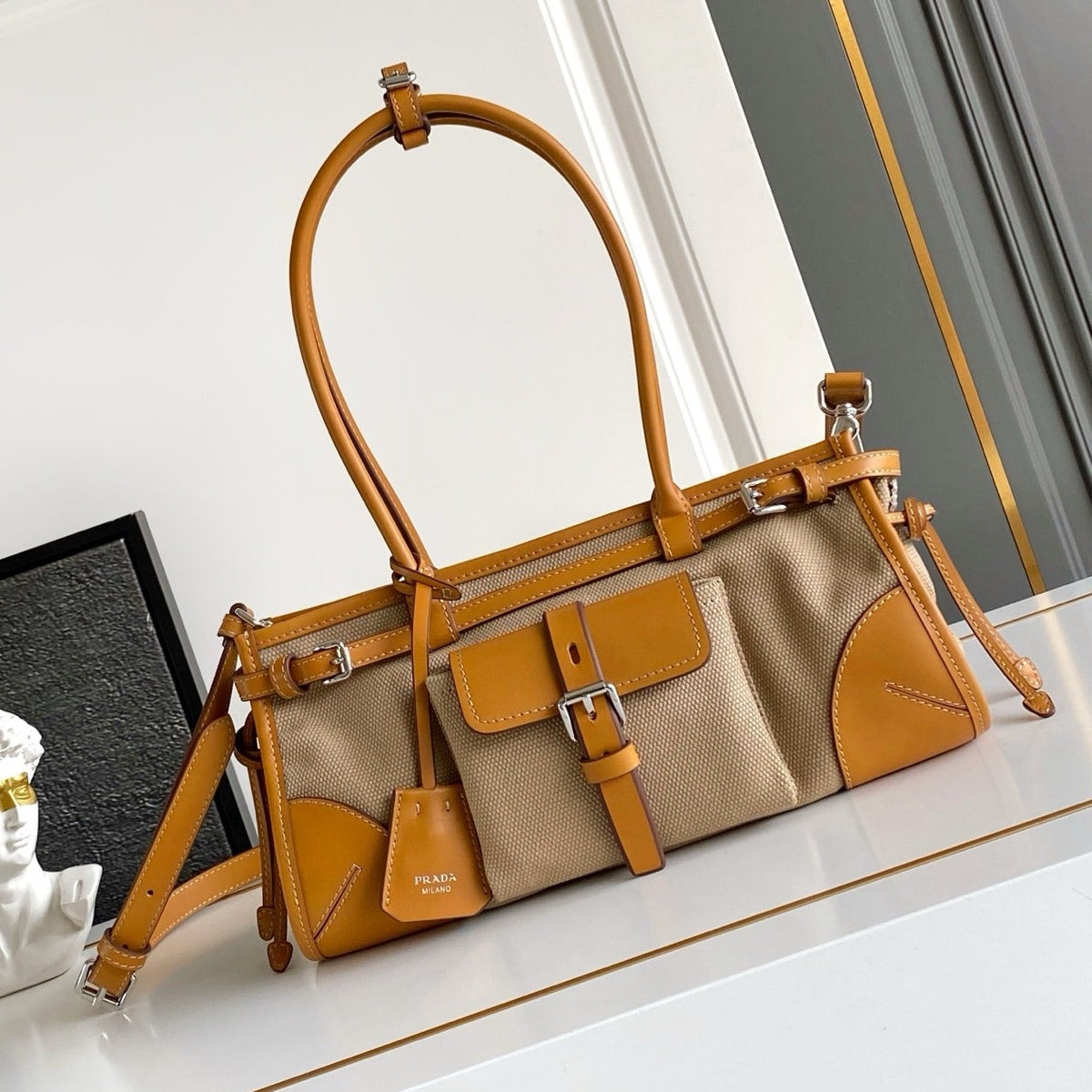 Prada 2026 Bonnie Tote Bag Brown Canvas Leather