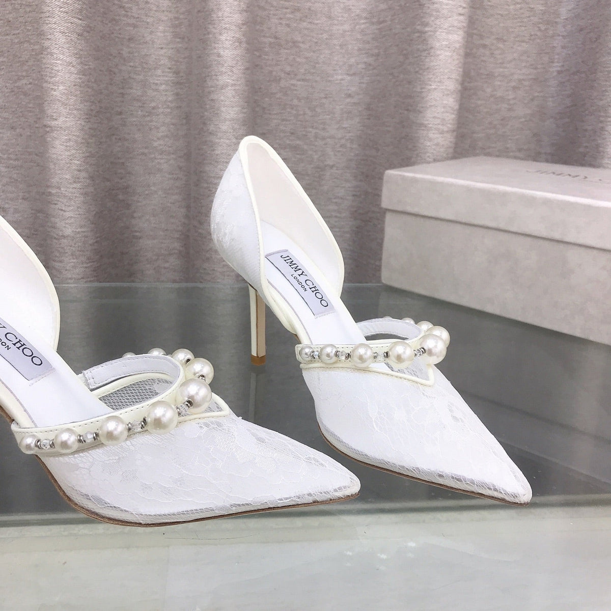 Jimmy Choo 26S High Heels 8.5cm White Lace Pearl-Embellished 395174