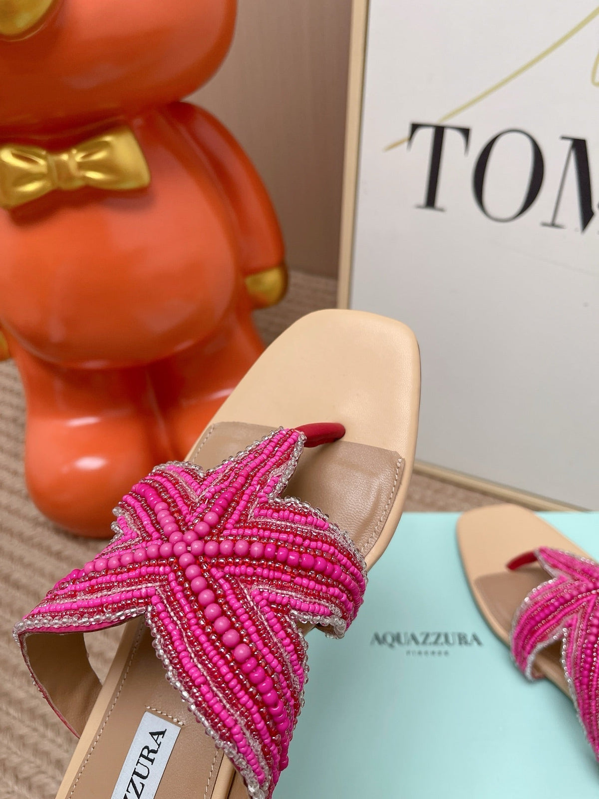 Aquazzura 26s Starfish Beaded Thong Sandals Pink And Beige Lambskin 482017
