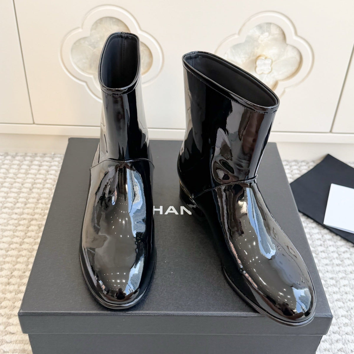 Chanel 26s Short Boots Black Patent Leather