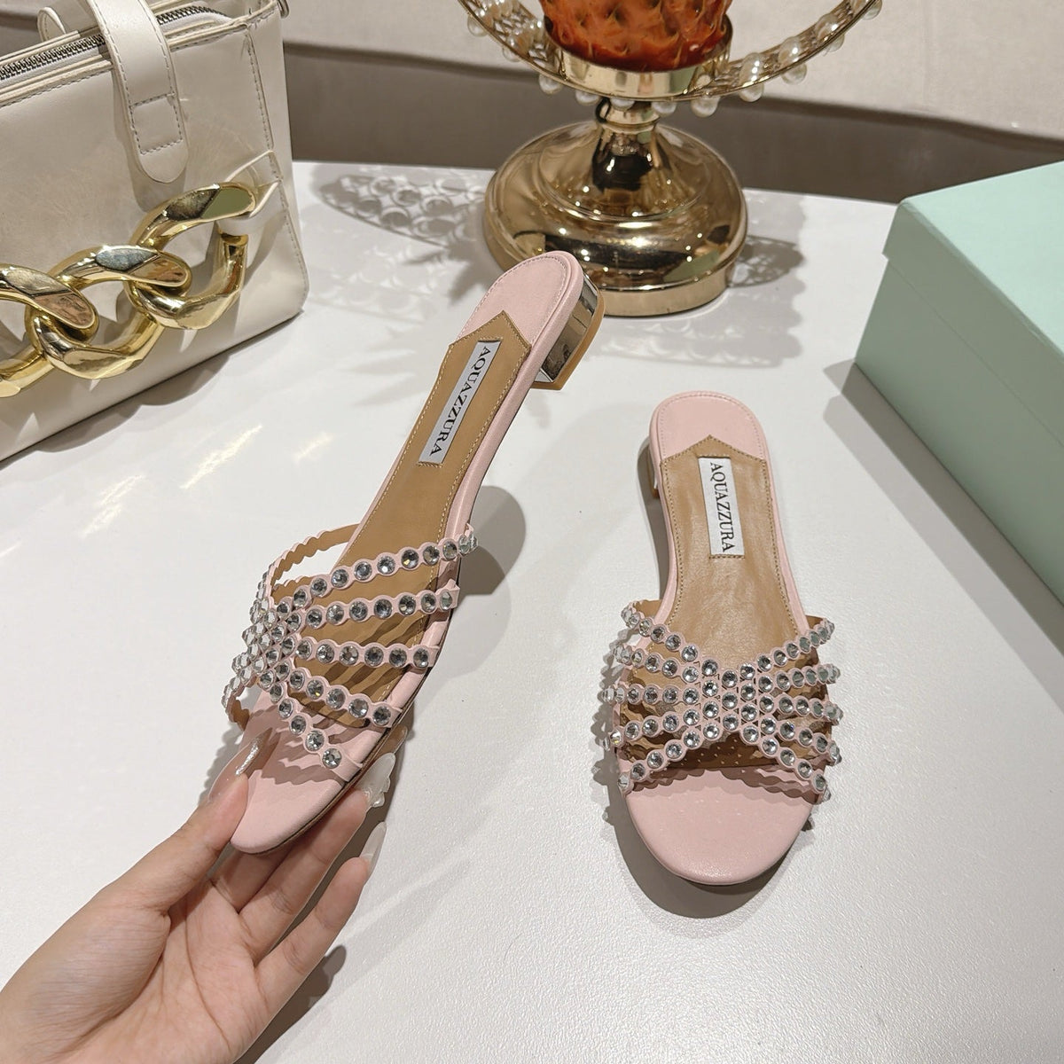 Aquazzura 26s Slides Light Pink Lambskin Crystal Embellished 592841