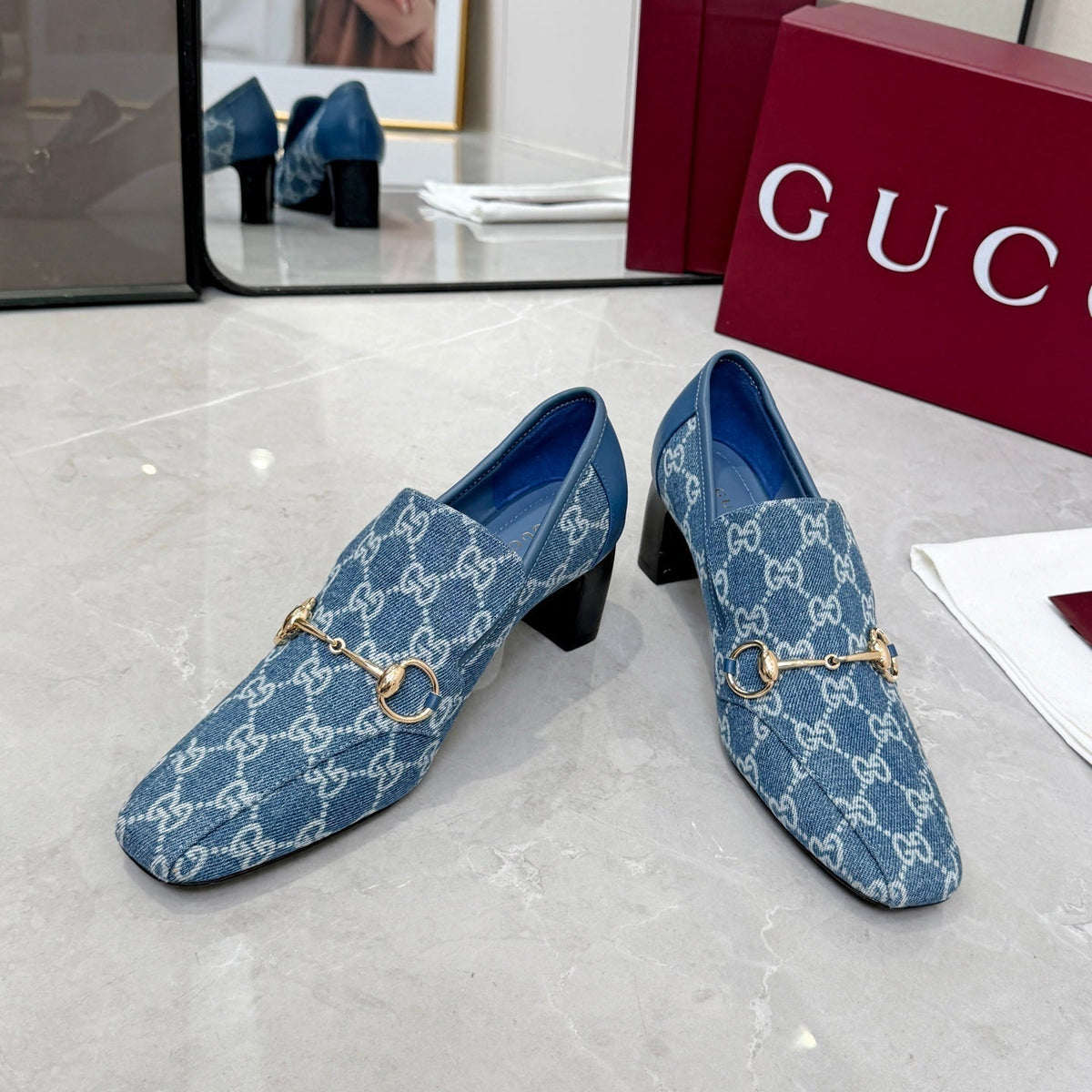 GG 26S Horsebit Loafers 6cm Block Heel Denim Fabric 157237