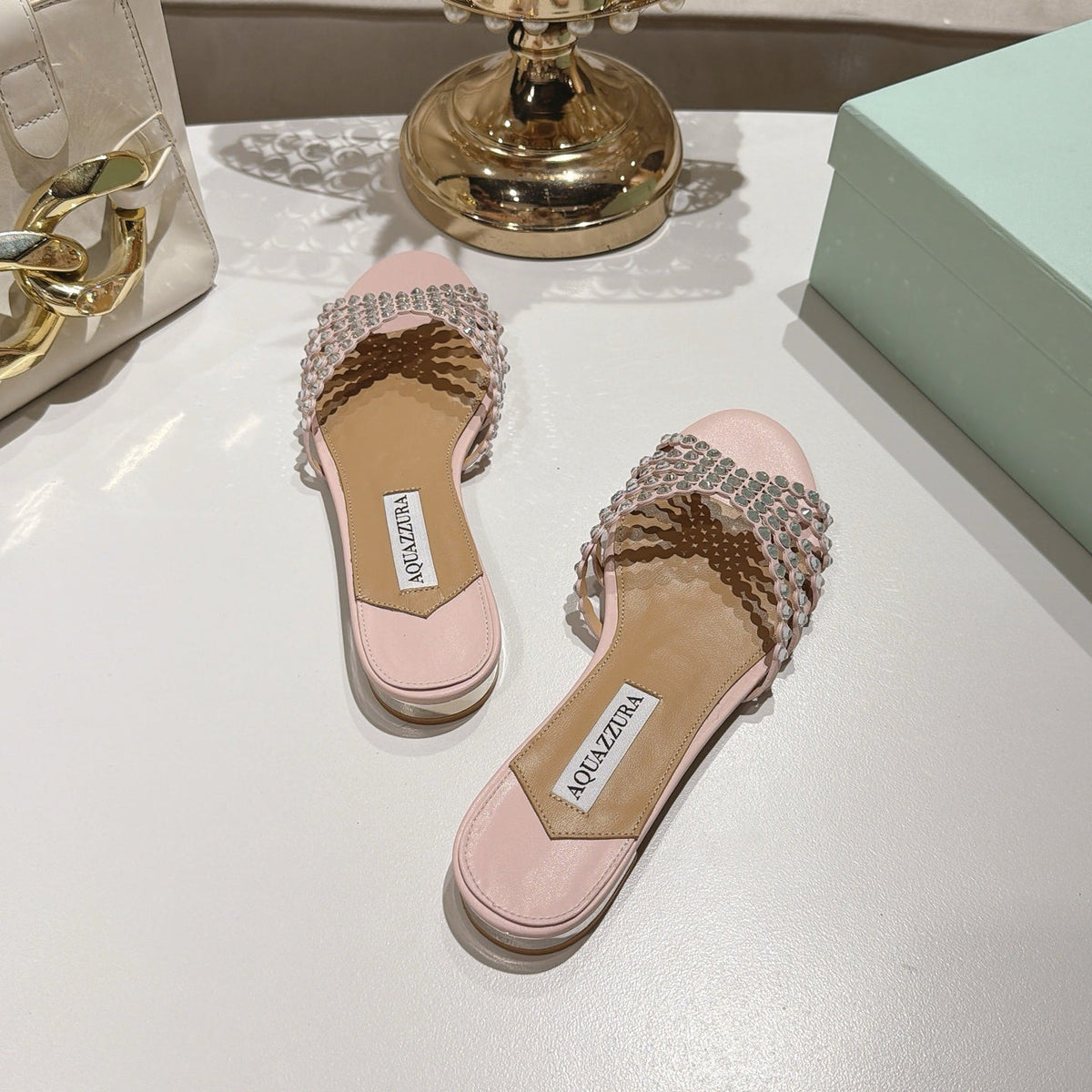 Aquazzura 26s Slides Light Pink Lambskin Crystal Embellished 592841