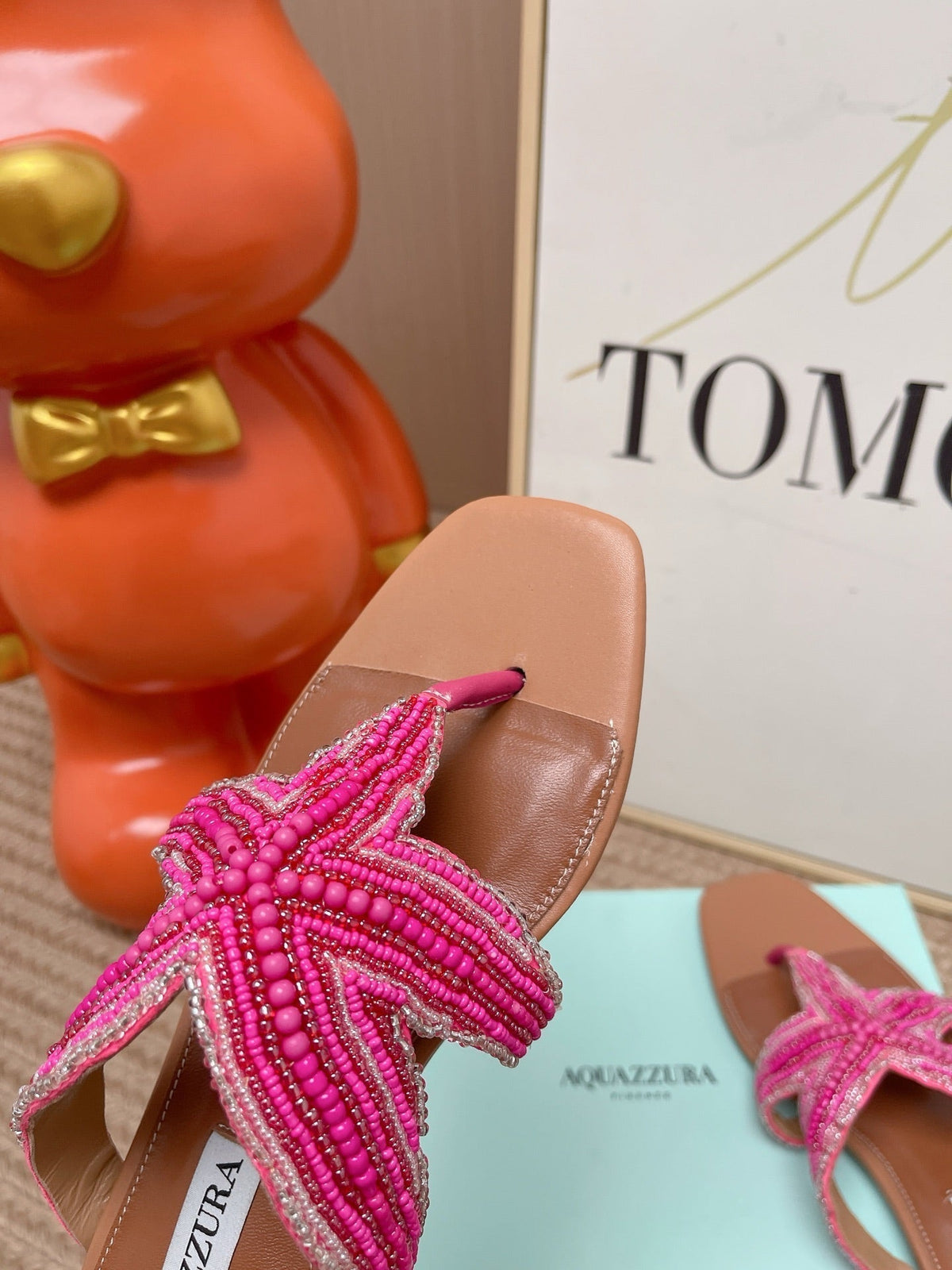 Aquazzura 26s Starfish Beaded Thong Sandals Pink And Brown Lambskin 839205