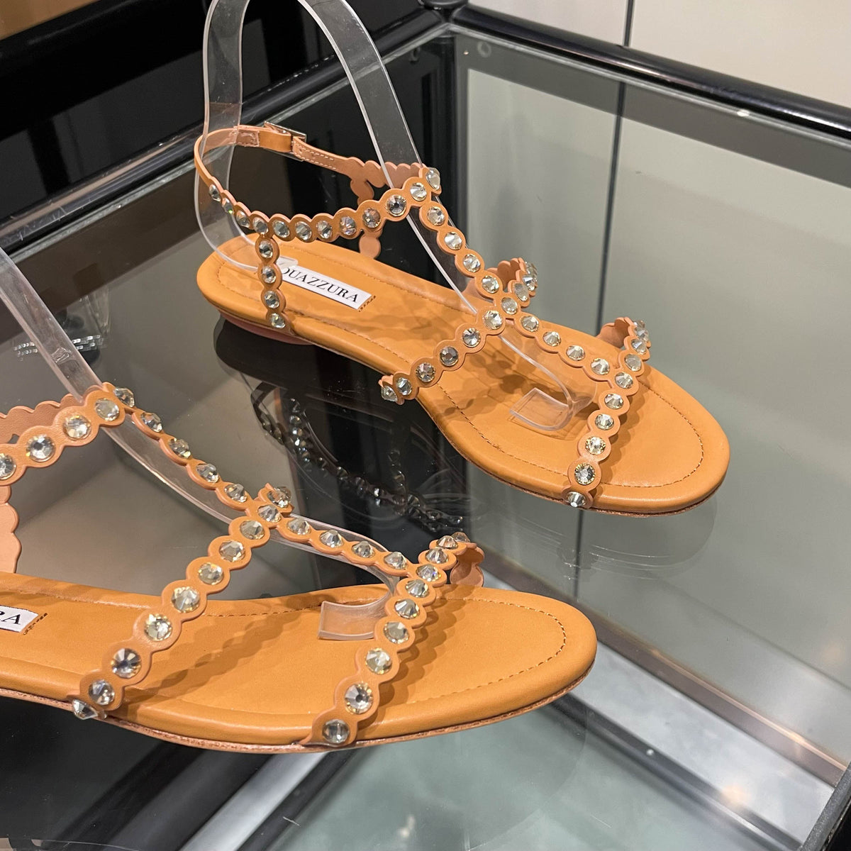 Aquazzura 26s Flat Sandals Camel Calfskin Crystal Embellished 492715