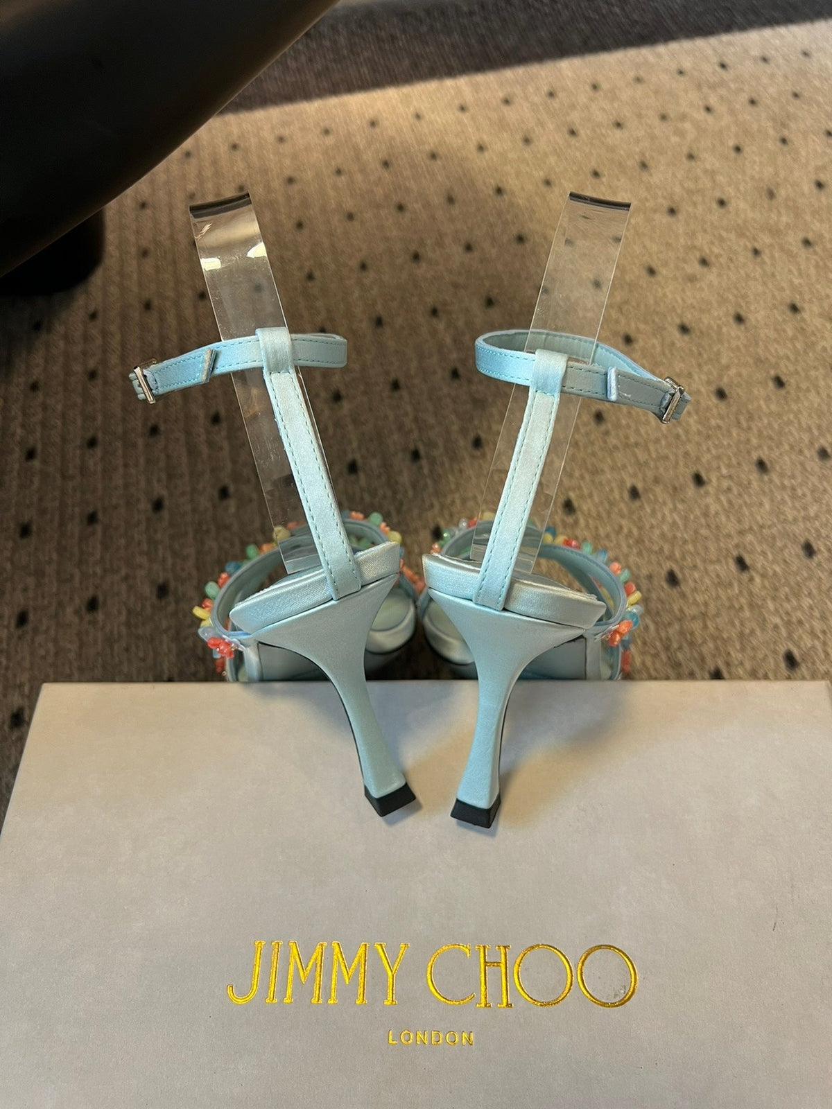 Jimmy Choo 26S Floral Heel Sandals 8.5cm Pastel Blue Satin And Lambskin 831495