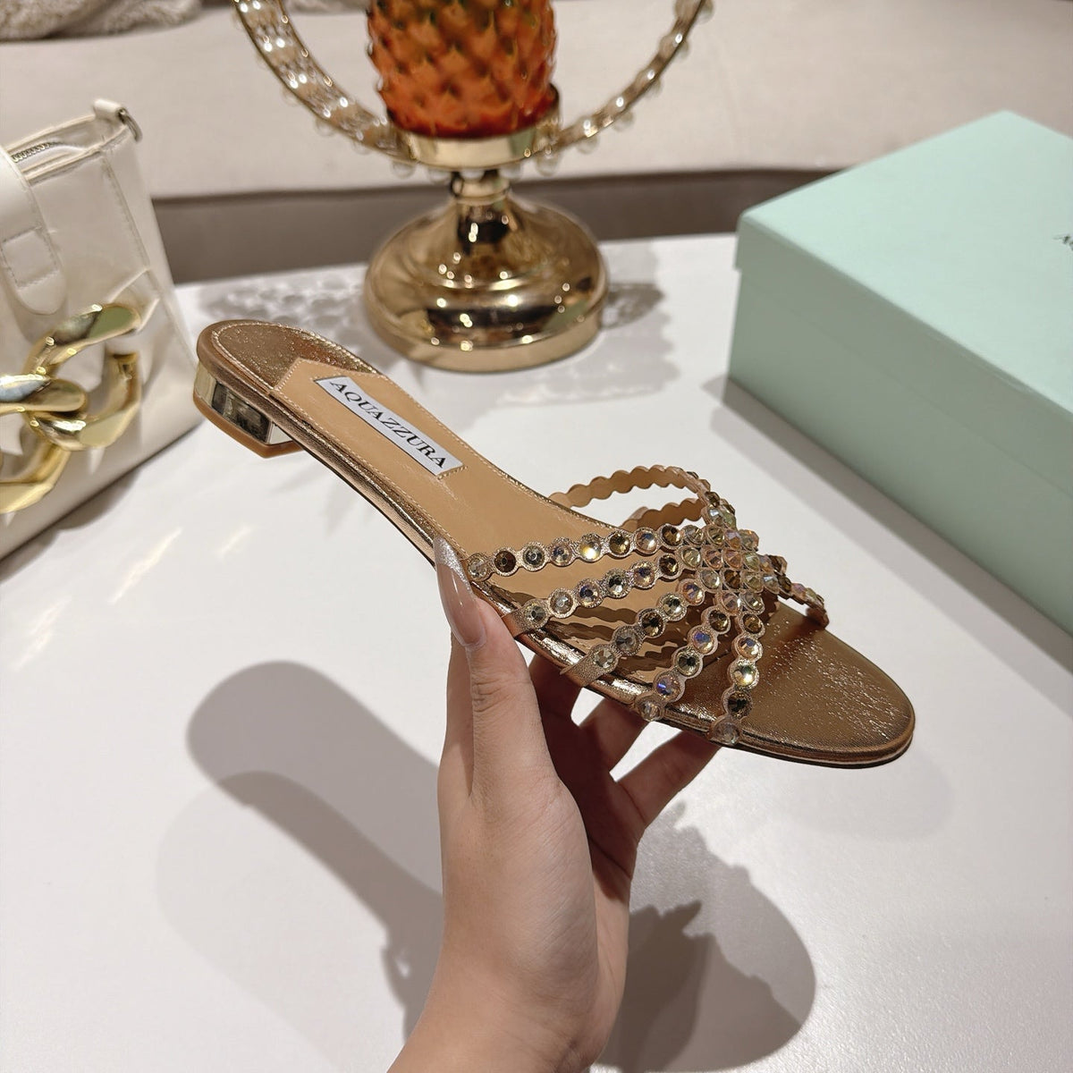Aquazzura 26s Slides Light Gold Lambskin Crystal Embellished 501934