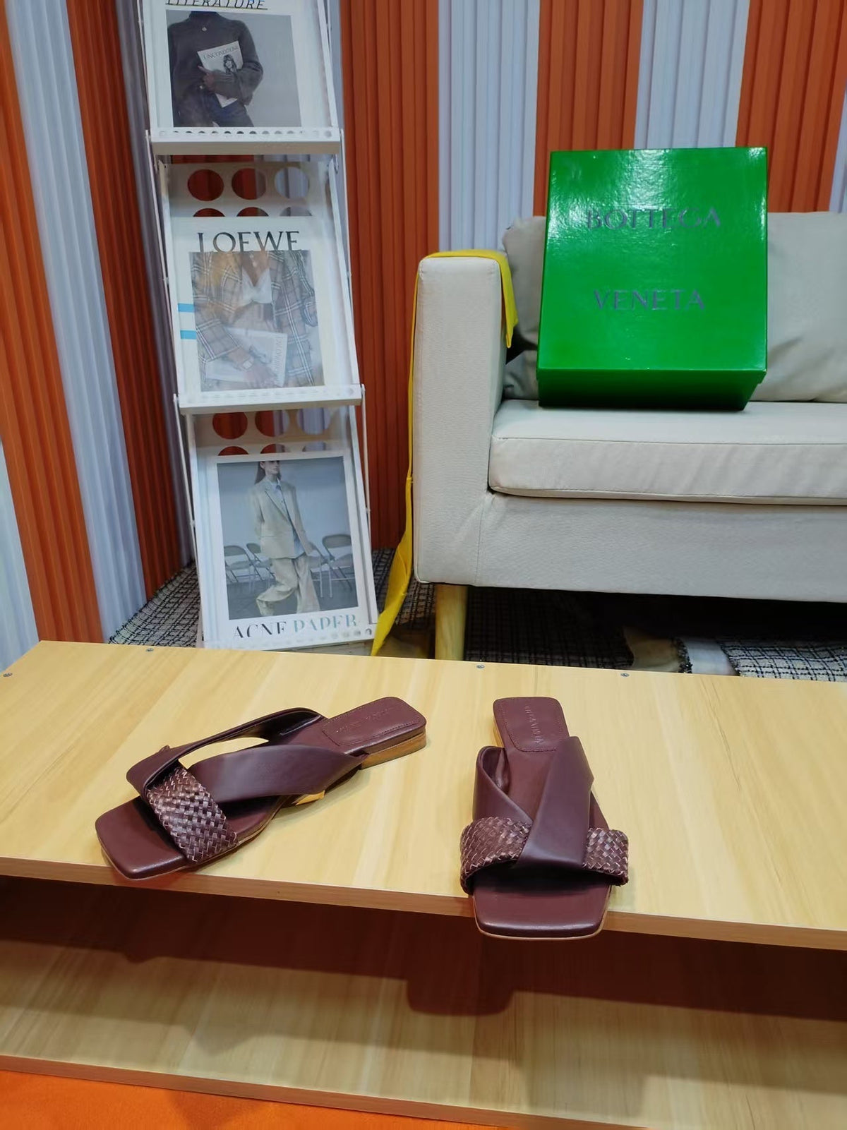 BV Riva Sandals Flat Woven Burgundy Leather 139878