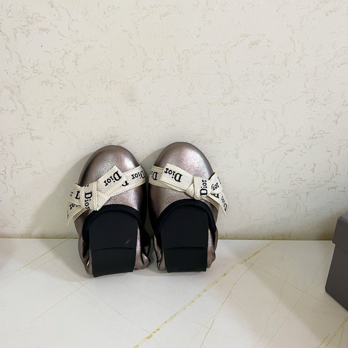 Dior 26s Bow Ballet Flats Taupe Metallic Calfskin