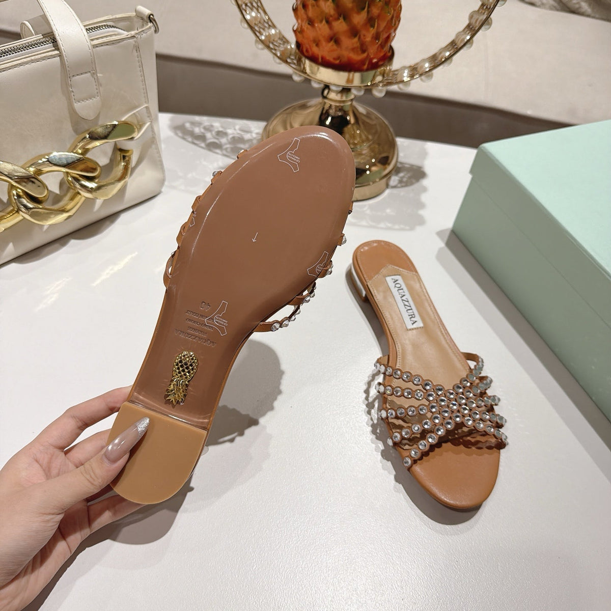 Aquazzura 26s Slides Light Brown Lambskin Crystal Embellished 384029
