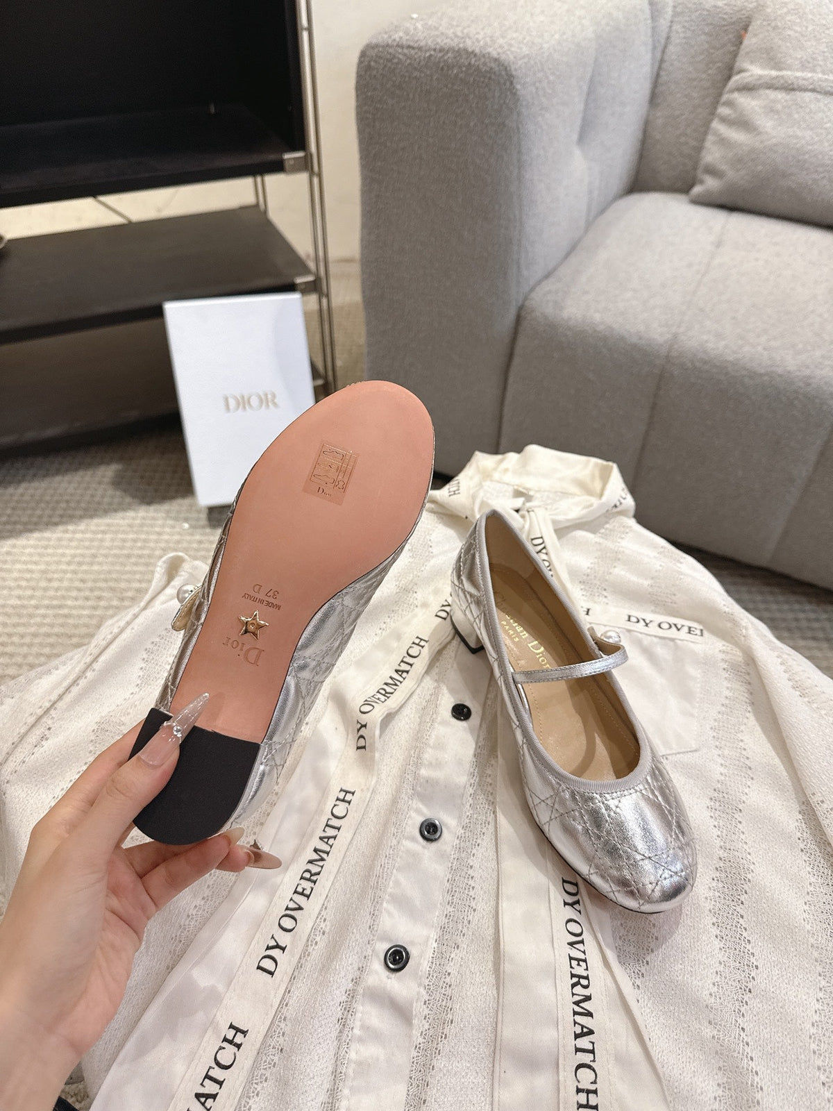 Dior 26s Mary Jane Pumps Silver Lambskin Pearl-Adorned Strap