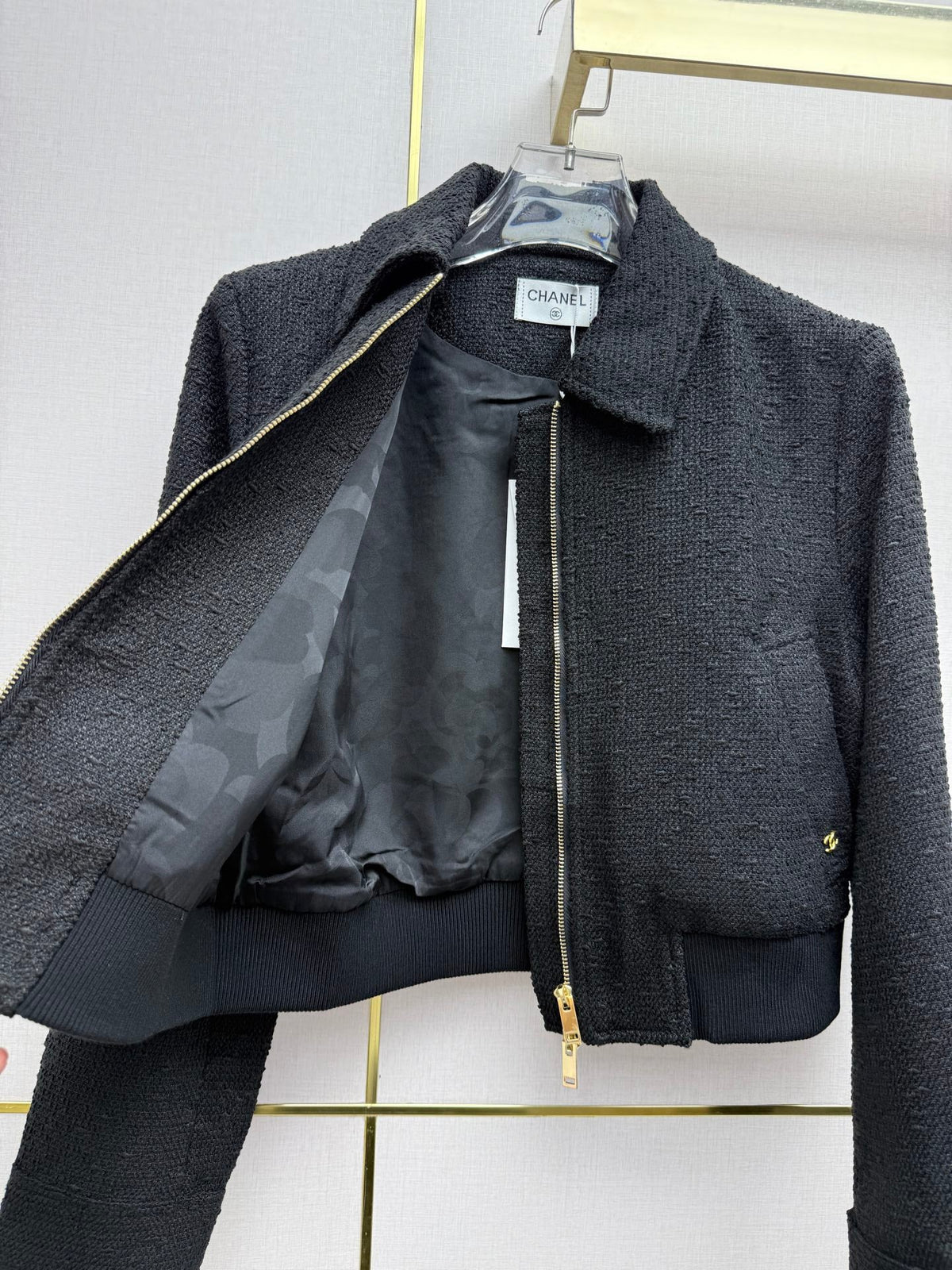 CC 26SS Tweed Zip-Up Jacket & High-Waisted Midi Skirt Set Black Cotton 437540