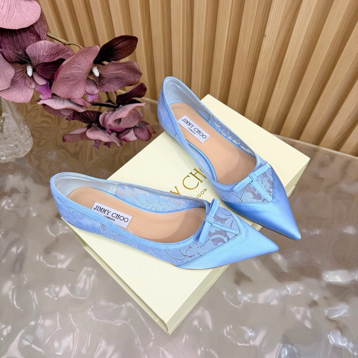 Jimmy Choo 26S Flats Sky Blue Lace And Satin 914835