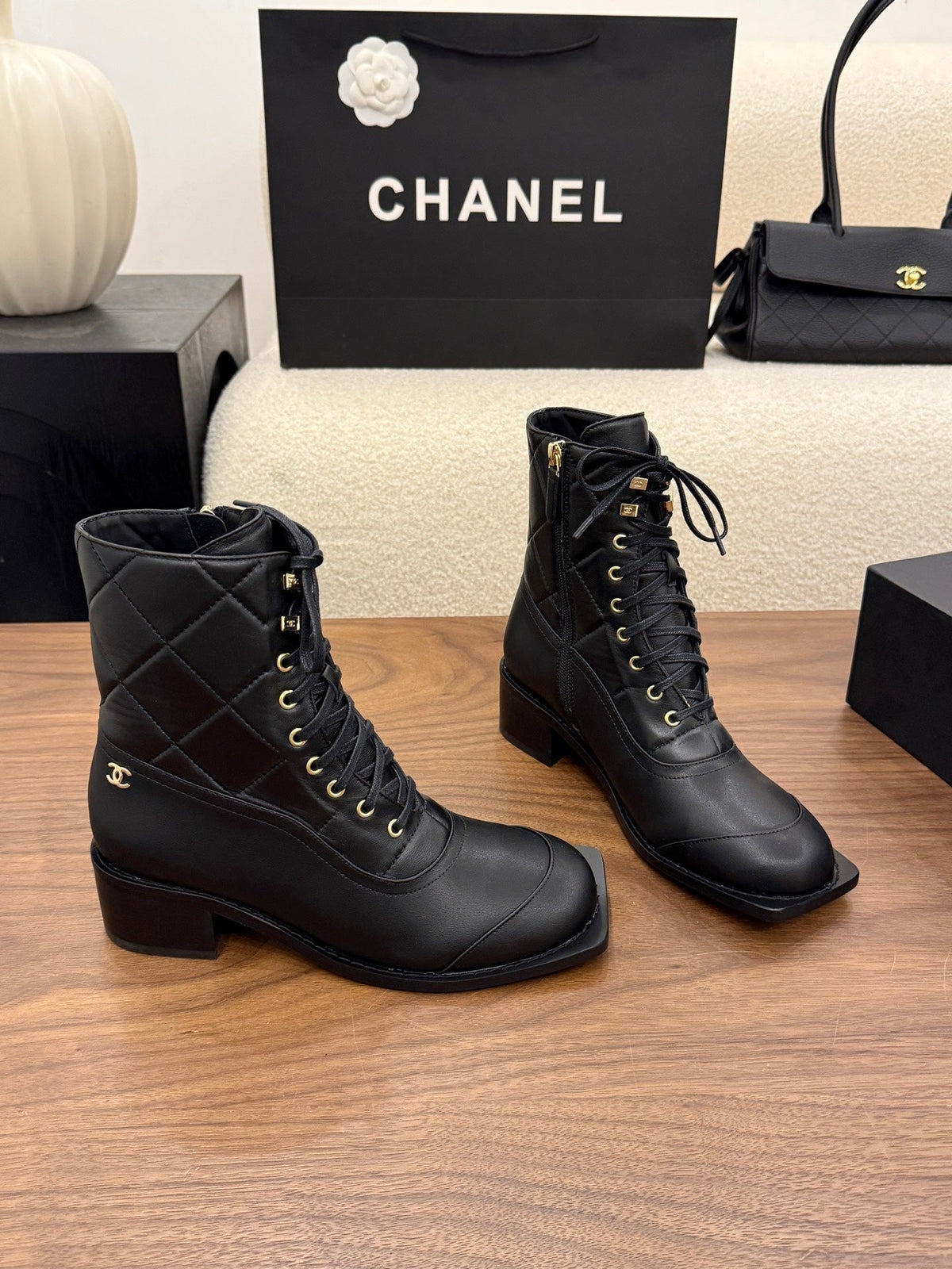 Chanel 26s Lace Up High Top Boots 4.5 Cm Black Calfskin