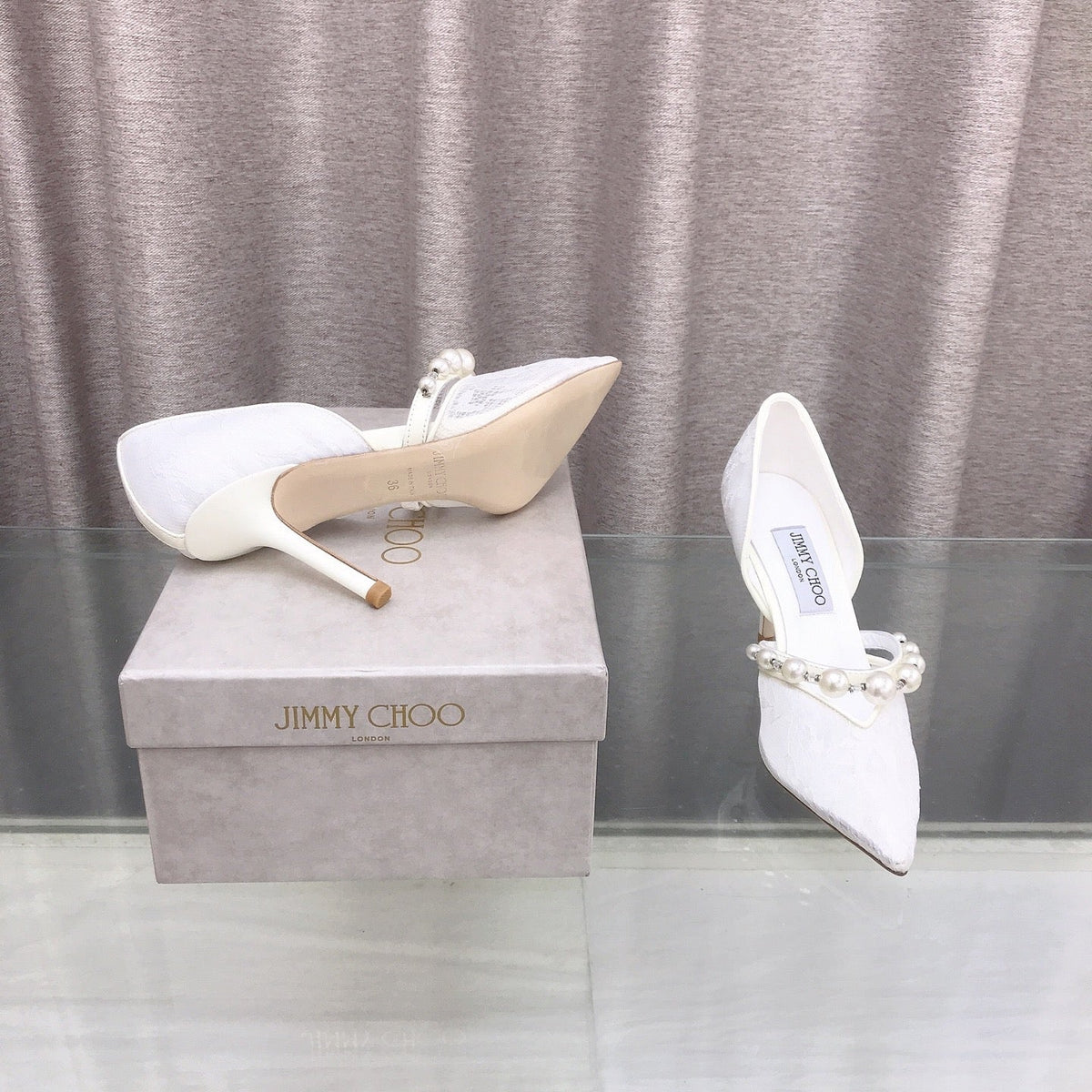 Jimmy Choo 26S High Heels 8.5cm White Lace Pearl-Embellished 395174