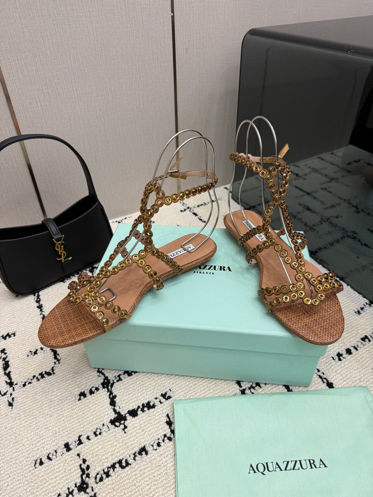 Aquazzura 26s Ankle-Strap Sandals Brown Woven Fabric 502814
