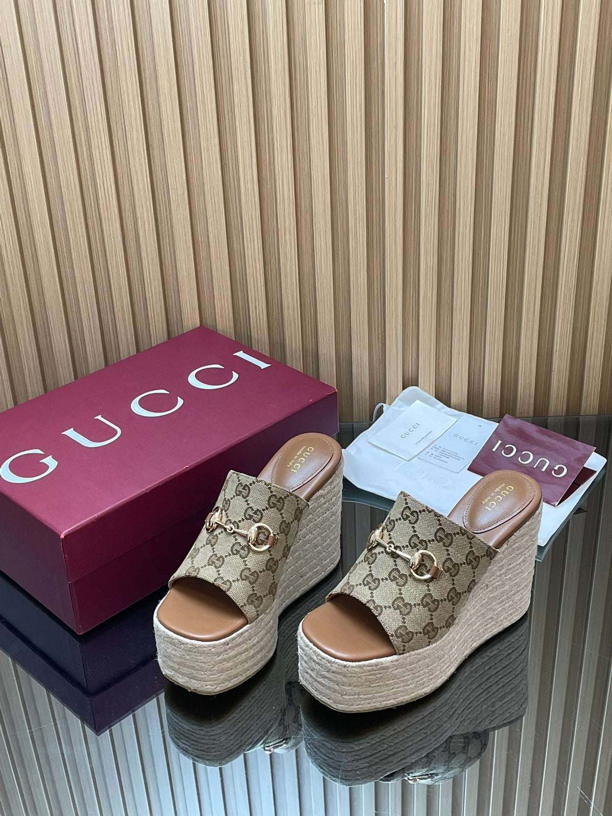 Gucci 26S Wedge Sandals 11Cm In Beige Canvas GG Monogram