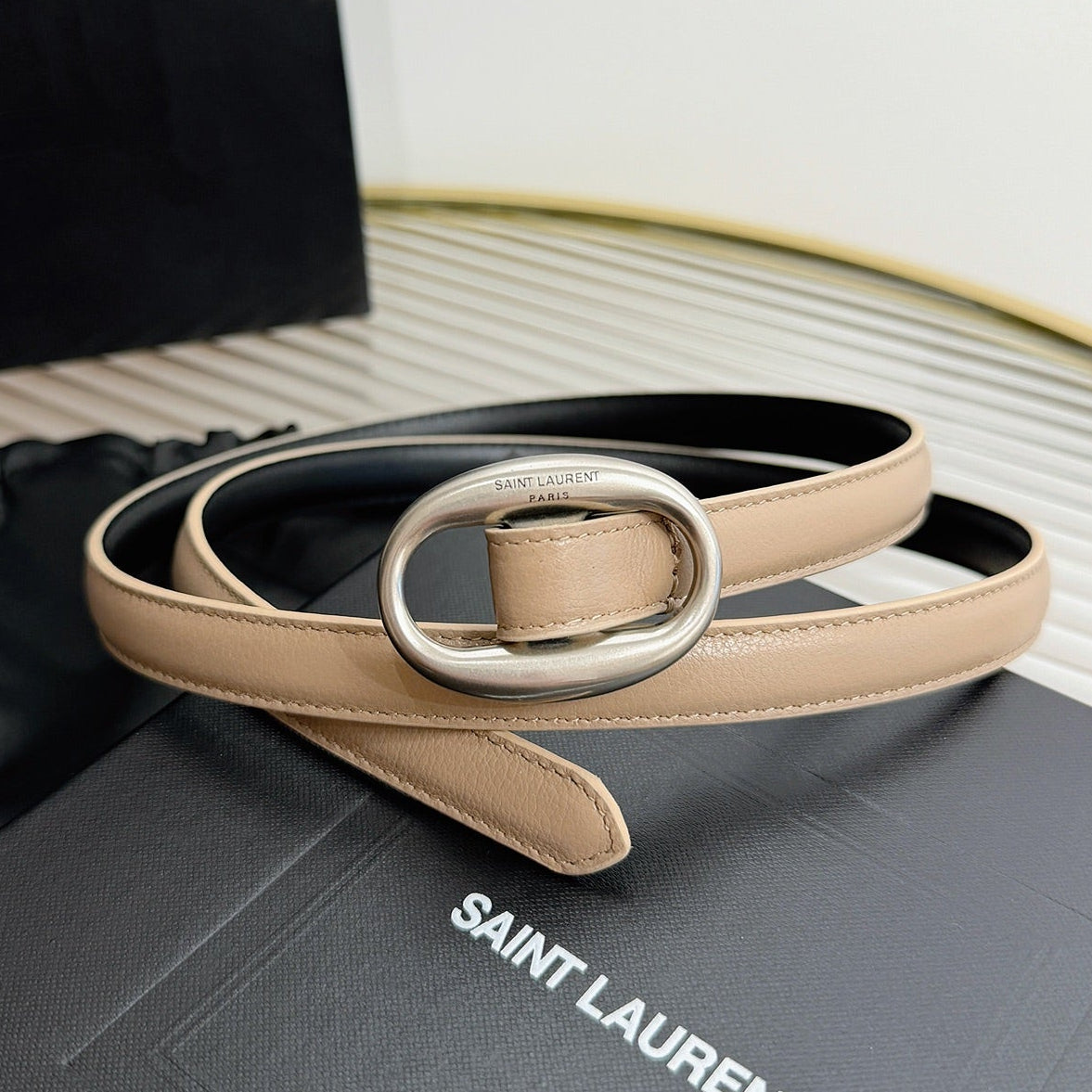 Saint Laurent 2026 Oval Belt 15mm Beige Leather 219073