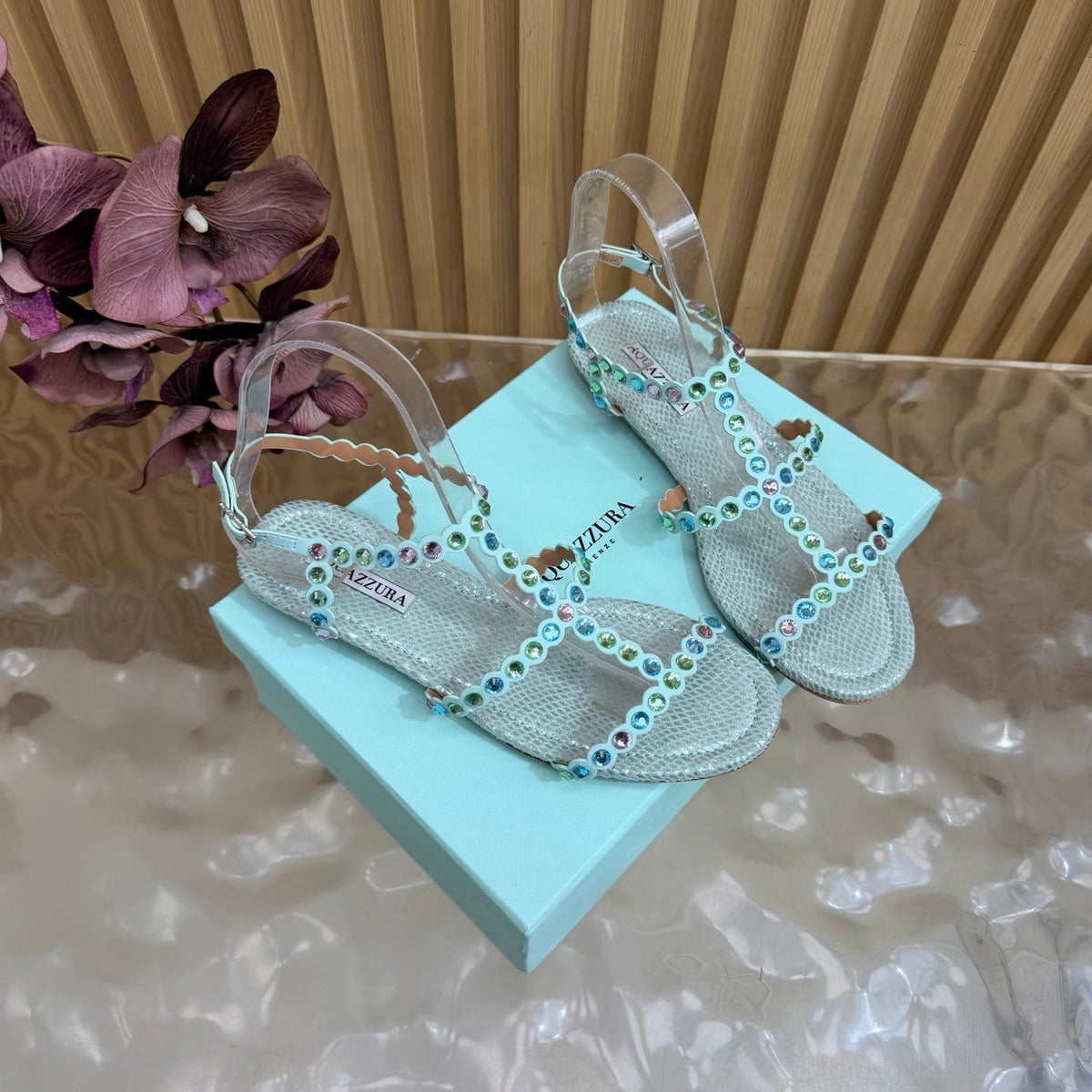 Aquazzura 26s Flat Sandals Light Blue Snakeskin Crystal Embellished 837261