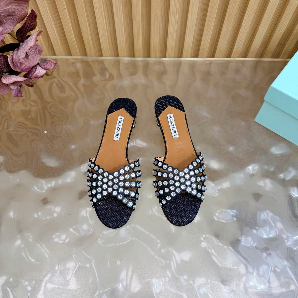 Aquazzura 26s Slides Black Lurex Fabric 830154