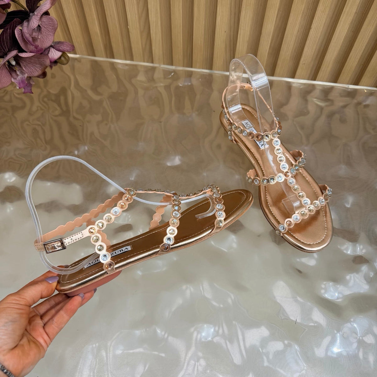 Aquazzura 26s Flat Sandals Rose Gold Calfskin Crystal Embellished 915402