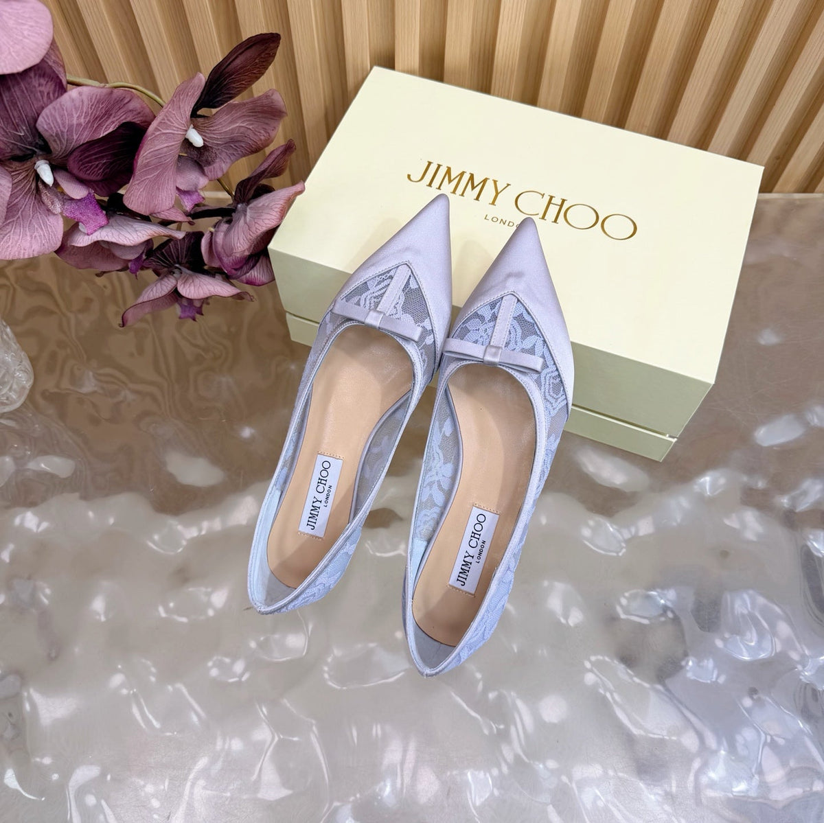 Jimmy Choo 26S Flats Pastel Blue Lace And Satin 418295